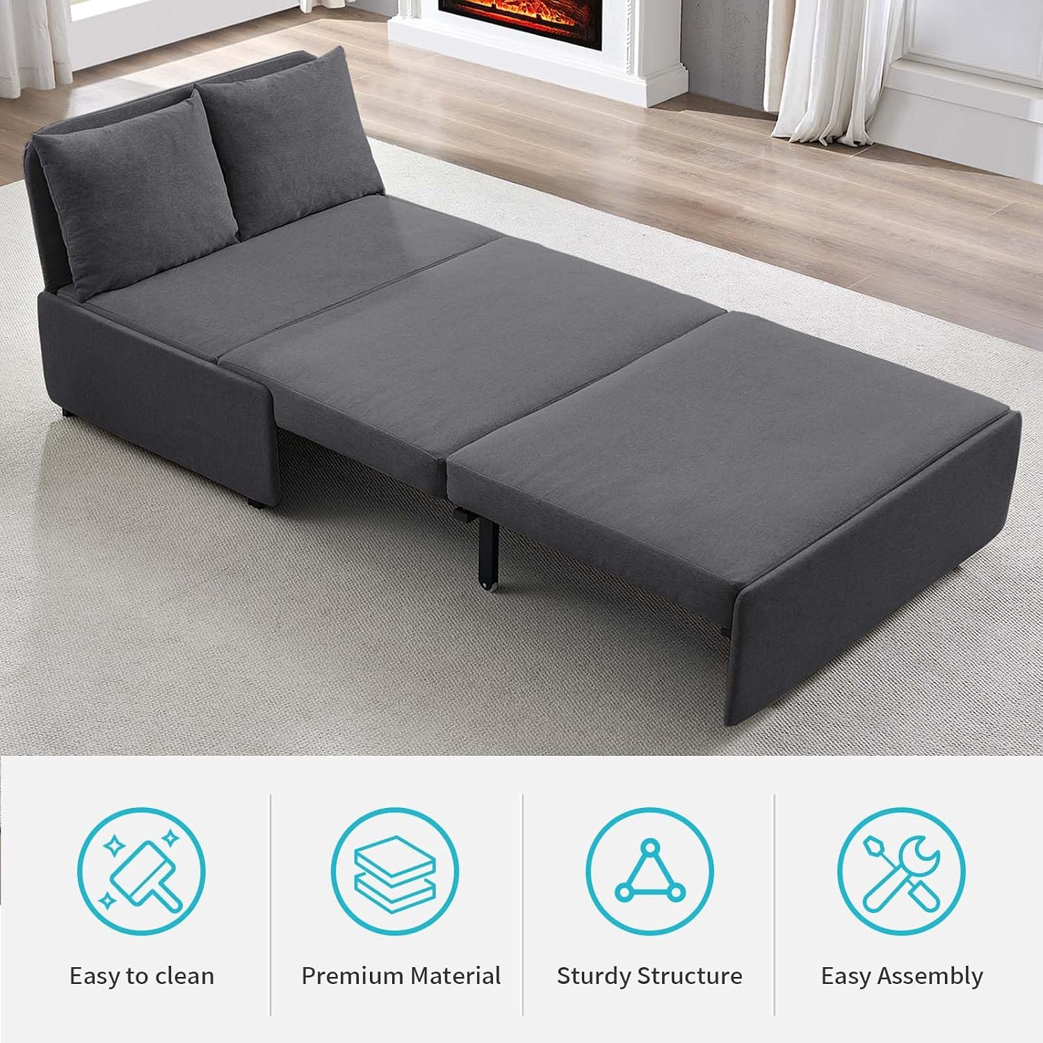 CECER 43.3' Twin Size Pull Out Sofa Bed, Pull Out Couch Bed with 2 Pillows, Linen Convertible Sleeper Sofa with Comfy Mattress, 2 in 1 Armless Loveseat Beds for Small Space-Dark Grey