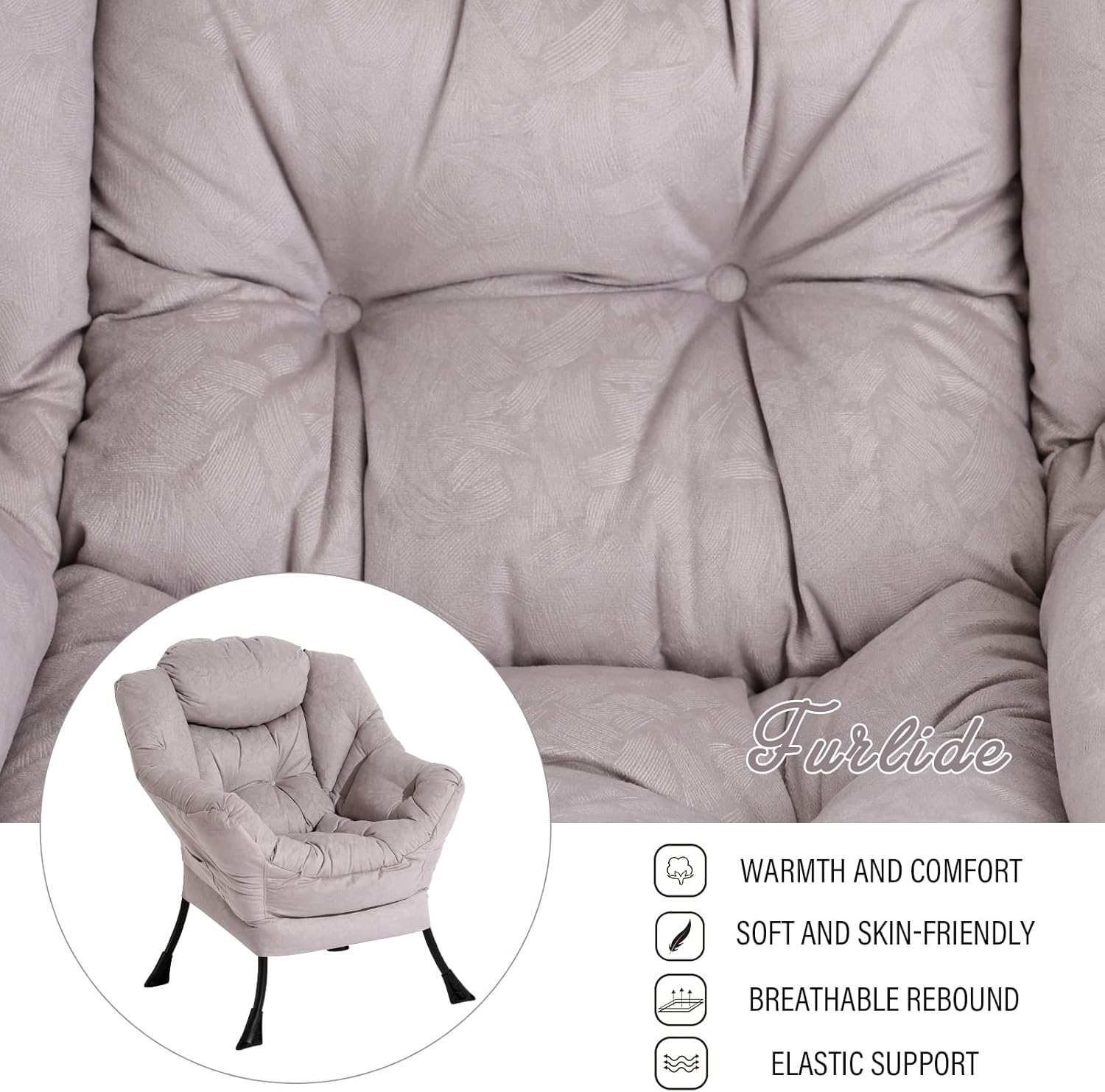 Furlide Lazy Chair with Ottoman, Modern Chair with Folding Footrest, Lounge Accent Chair, Comfortable Reading Chair, Oversized Armchairs for Bedroom, Study, Living Room, Courtyard (Light Grey)