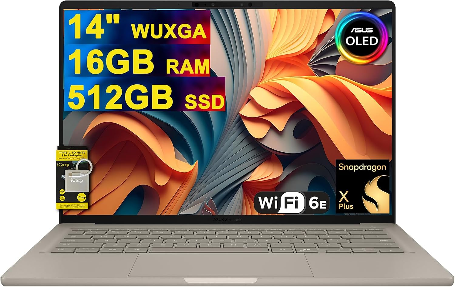 ASUS Zenbook A14 Laptop 14' WUXGA OLED (100% DCI-P3, 600nits HDR) Qualcomm 8-core Snapdragon X Plus (Up to 45 Tops) 16GB RAM 512GB SSD for Creator Business Professional Win11 ICP Hub
