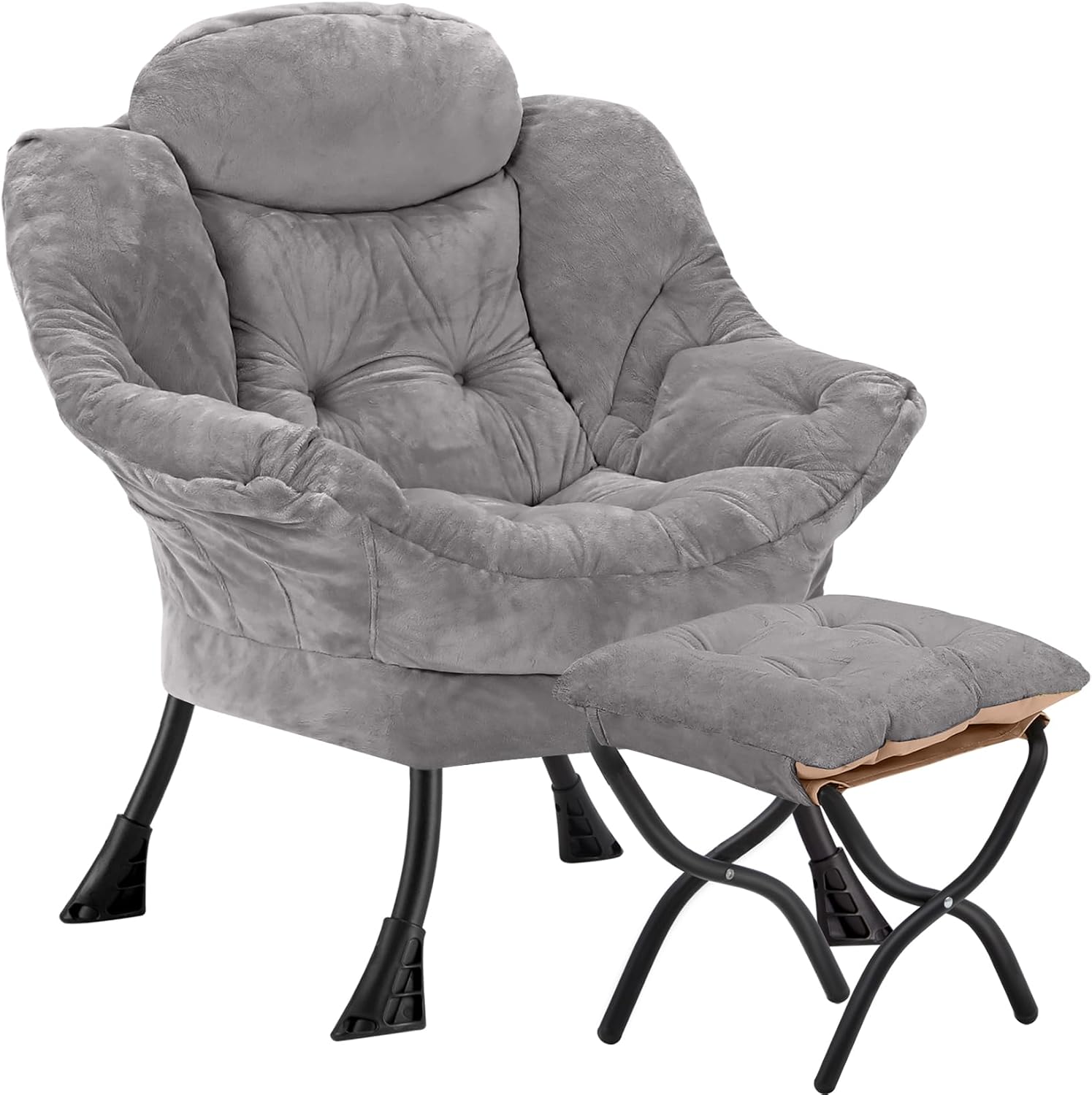 Lazy Chair with Folding Ottoman,Leisure Sofa Chair,Soft Fabric Armchair with Armrests and Side Pockets, Reading Chair with Footrest for Living Room, Bedroom, Office (Plush Light Grey)