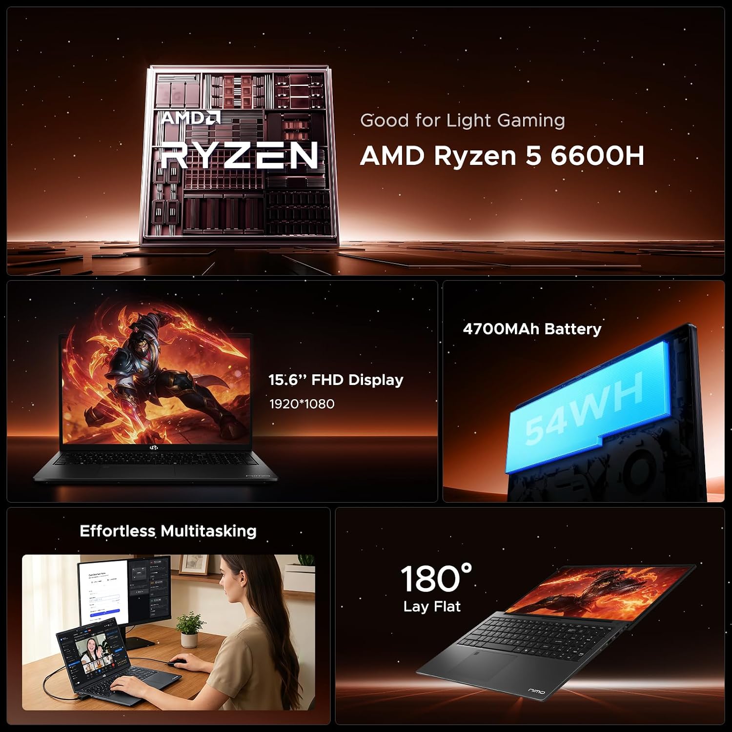 NIMO 15.6' IPS FHD-Gaming-Laptop,AMD Ryzen 5 6600H 16GB DDR5 RAM 512GB SSD (Beat i5-1335U, 6 Cores Up to 4.5GHz) AMD Radeon 660M GPU-Computer with 100W Type-C Backlit Keyboard Fingerprint