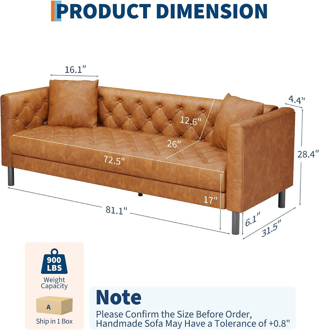 Garvee 81 Inch Leather Couch for Living Room, Modern Leather Sofa with Deep Seat, Handmade Button Tufted Sofa, Chesterfield 3 Seat Couch for Apartment, Office, Cognac Tan