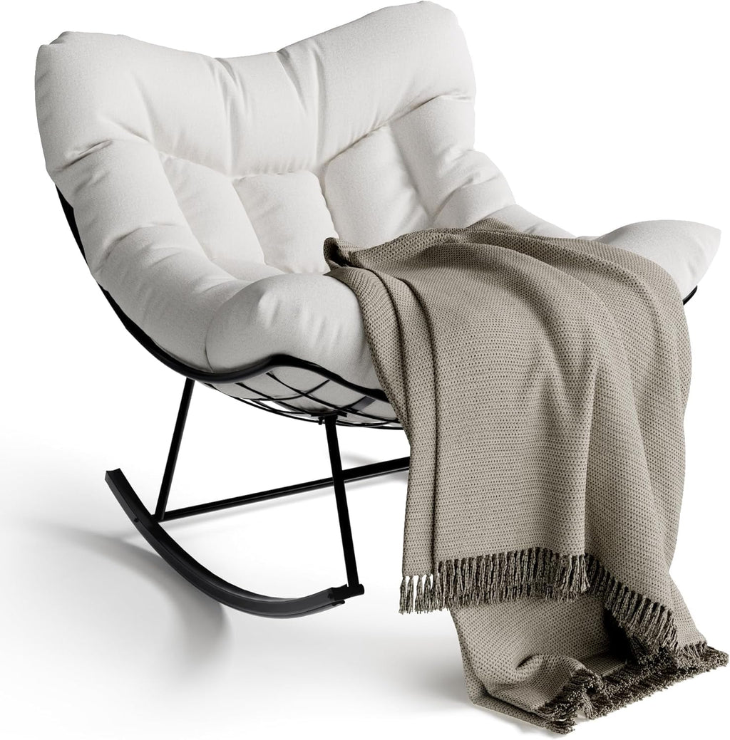 GarveeHome Outdoor Papasan Rocking Chair Oversized Patio Rocker with Sturdy Metal Frame Rattan Egg Style for Balcony Backyard Porch 40 * 28 * 34In White