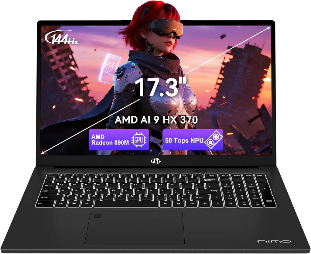 NIMO 17.3' AI Laptop AMD Ryzen AI 9 HX 370 (50 Tops NPU), Radeon 890M Graphics, 64GB DDR5 RAM 1TB PCIe SSD, 144Hz Display, 100W PD USB-C 4.0, Copilot+ Enabled Wi-Fi 6E PC for Working Business Student