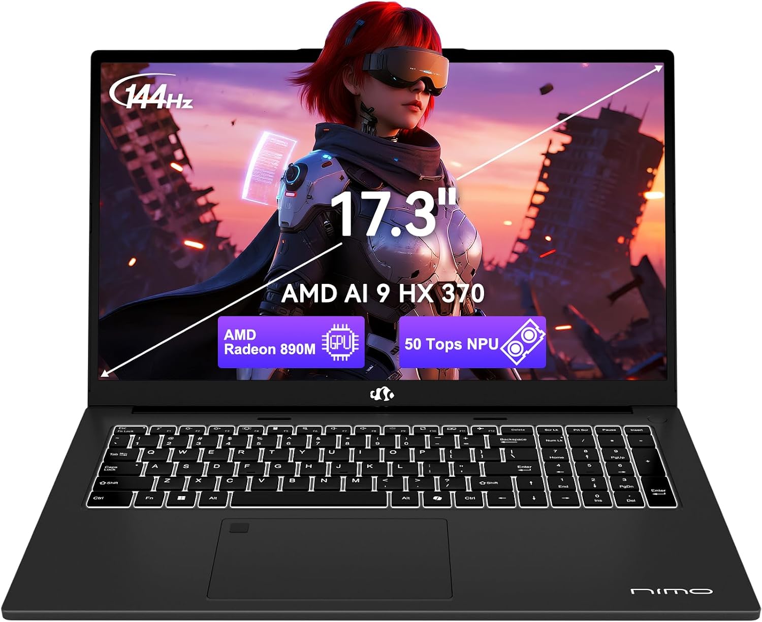 NIMO 17.3' AI Laptop AMD Ryzen AI 9 HX 370 (50 Tops NPU), Radeon 890M Graphics, 64GB DDR5 RAM 1TB PCIe SSD, 144Hz Display, 100W PD USB-C 4.0, Copilot+ Enabled Wi-Fi 6E PC for Working Business Student