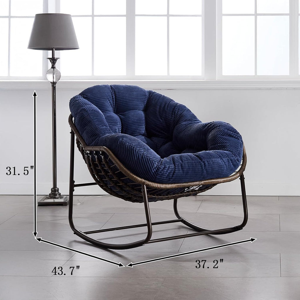JEEOHEY Papasan Rocking Chairs Outdoor Indoor, Oversized Rattan Rocker Patio Chair with Padded Cushion, Comfy Modern Indoor Egg Chair for Living Room, Bedroom, Porch, Garden, Balcony(Corduroy, Navy)