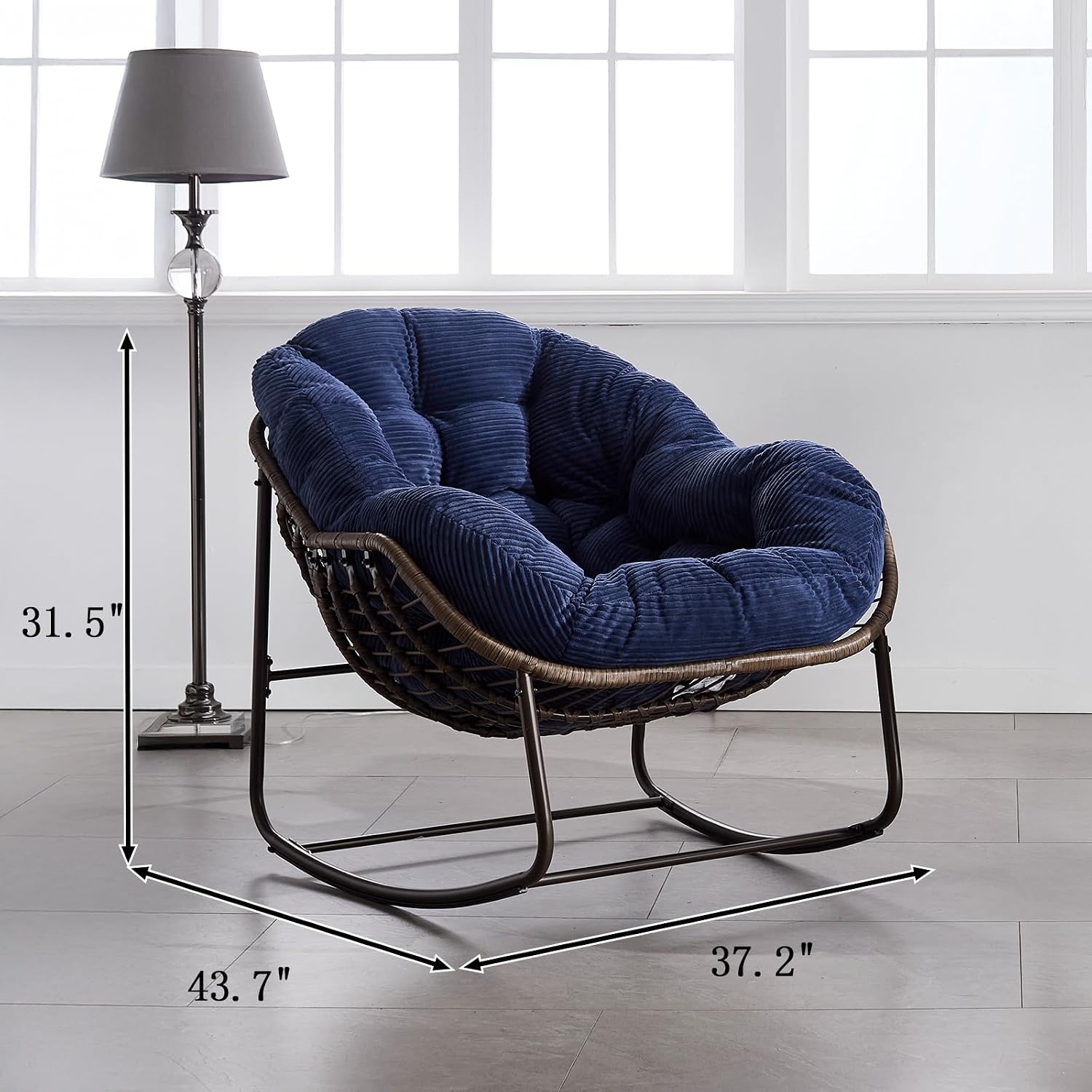 JEEOHEY Papasan Rocking Chairs Outdoor Indoor, Oversized Rattan Rocker Patio Chair with Padded Cushion, Comfy Modern Indoor Egg Chair for Living Room, Bedroom, Porch, Garden, Balcony(Corduroy, Navy)