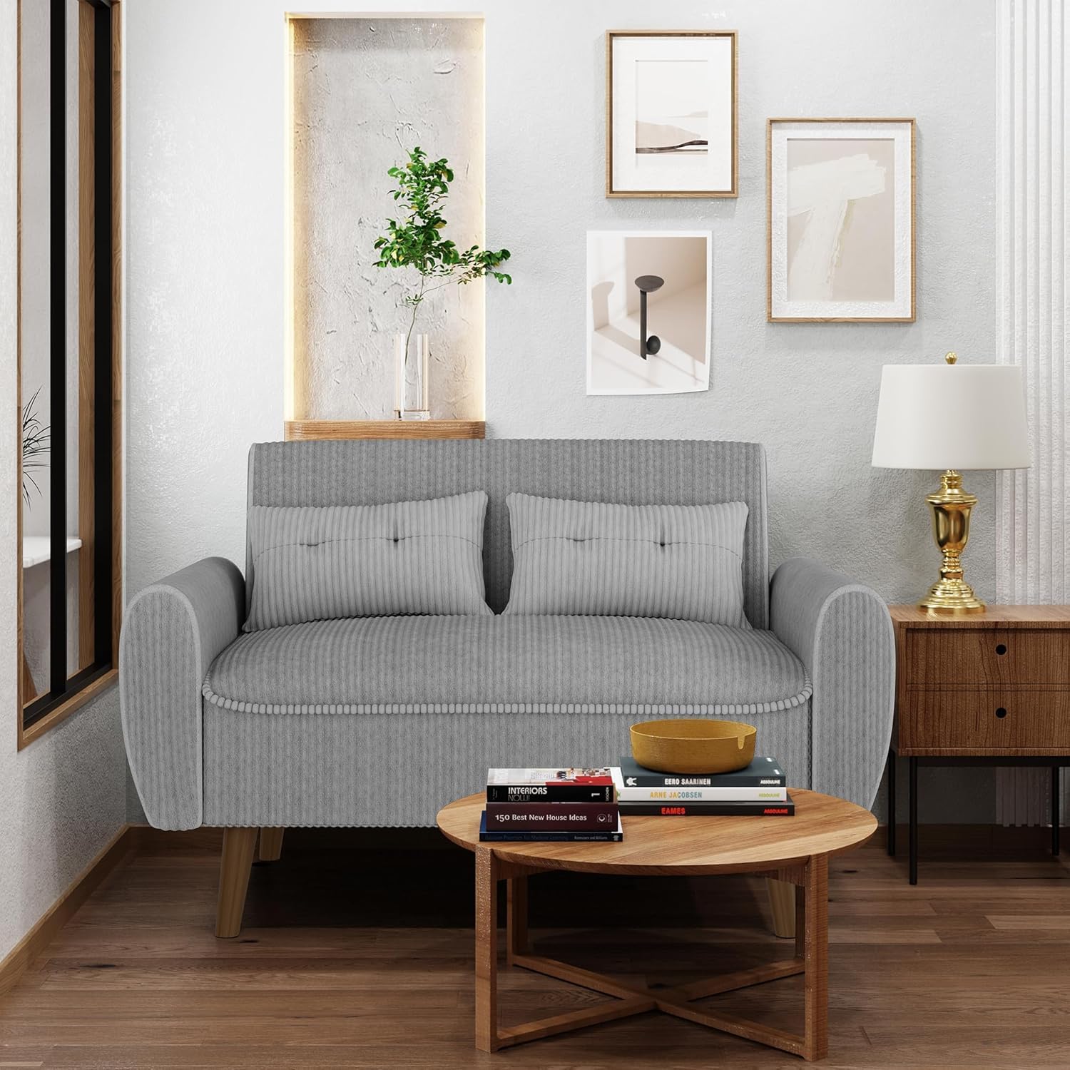 Shintenchi 48'' Loveseat Sofa, Mid-Century Modern Upholstered Couch Deep Seat with 2 Pillows, 10' Thick Cushion with Spring, Solid Wood Frame Small Couch for Living Room, Dorms & Office, Light Grey