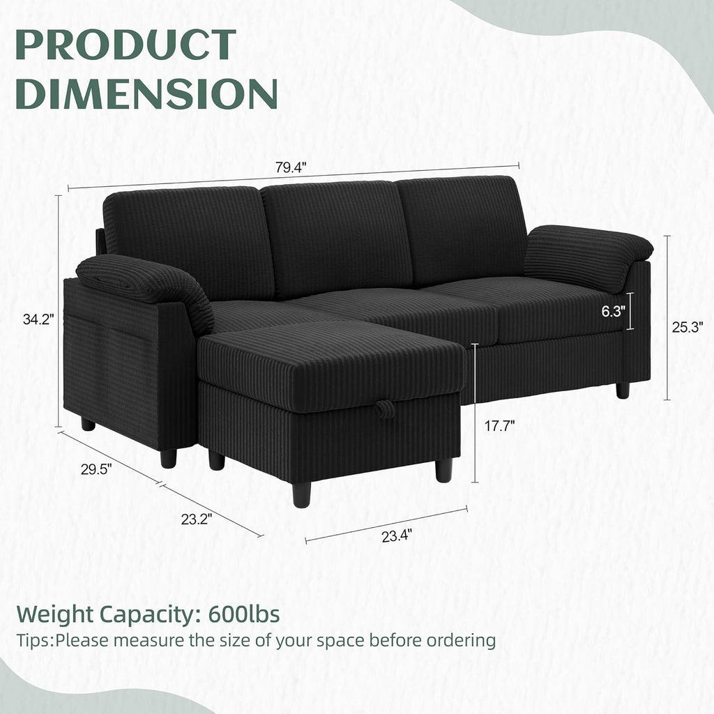 Vongrasig 79' Convertible Sectional Couch Sofa with Storage Ottoman, 3 Seat L Shaped Couch with Side Storage Pockage, Small Couches for Living Room, Apartment and Small Space, Black