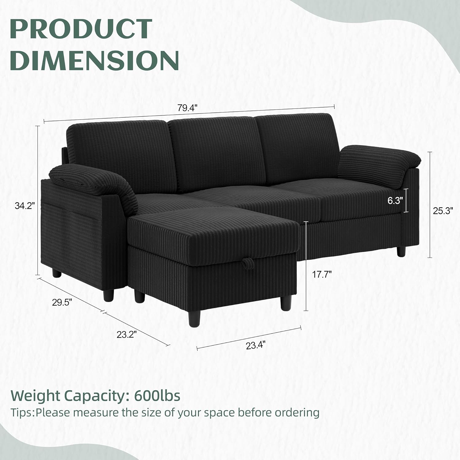 Vongrasig 79' Convertible Sectional Couch Sofa with Storage Ottoman, 3 Seat L Shaped Couch with Side Storage Pockage, Small Couches for Living Room, Apartment and Small Space, Black