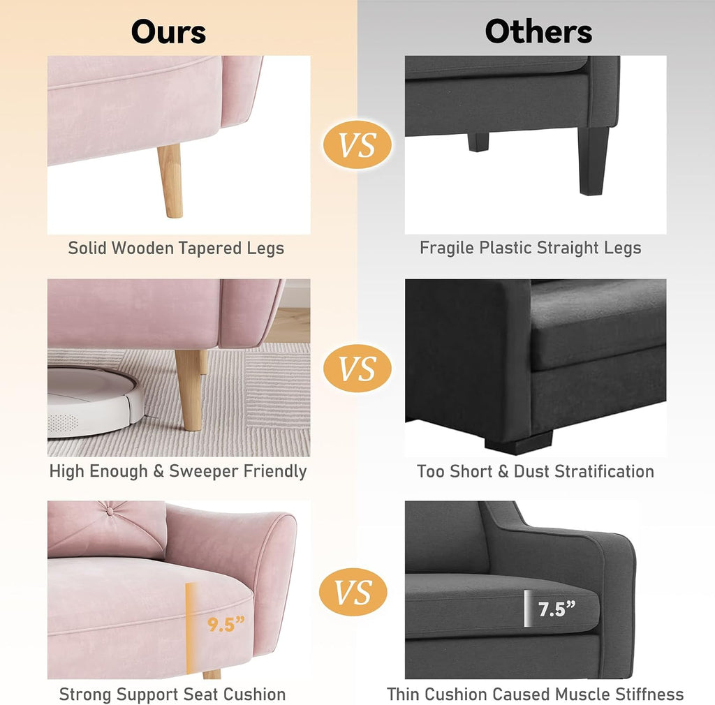 Brelice Loveseat Sofa, 47' Velvet Couch for Bedroom, Convertible Wooden Tray & Ergonomic Armrest, for Small Space, Apartment, Living Room, Home Office, Easy Assembly, Pink