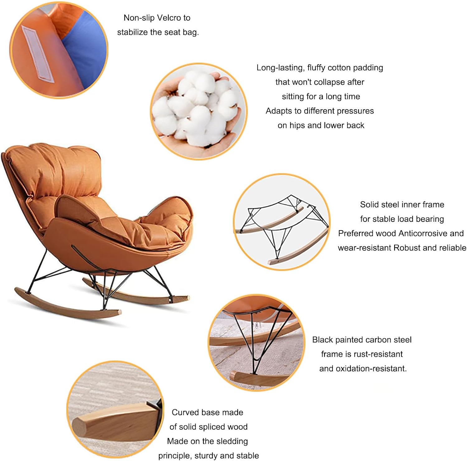 Rocking Boho Papasan Rocking Chair for Nursery Accent Chairs,High Back Tufted Design Rocking Chair,Upholstered Leather Padded Seat Glider Recliner,Solid Wood Base for Living Room/Bedroom Rocker Chair