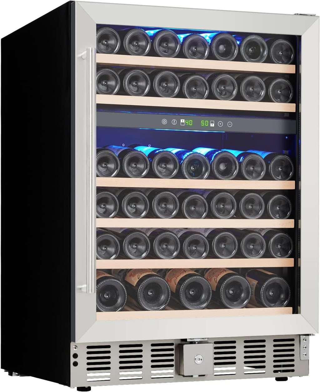 GarveeHome 24 in Dual Zone Wine Fridge Under Counter, 52 Bottle Wine Cooler Refrigerator with 40～64°F Digital Temperature Control, Safety Lock, All Wood Removable Shelves, Stainless Steel+Glass Door