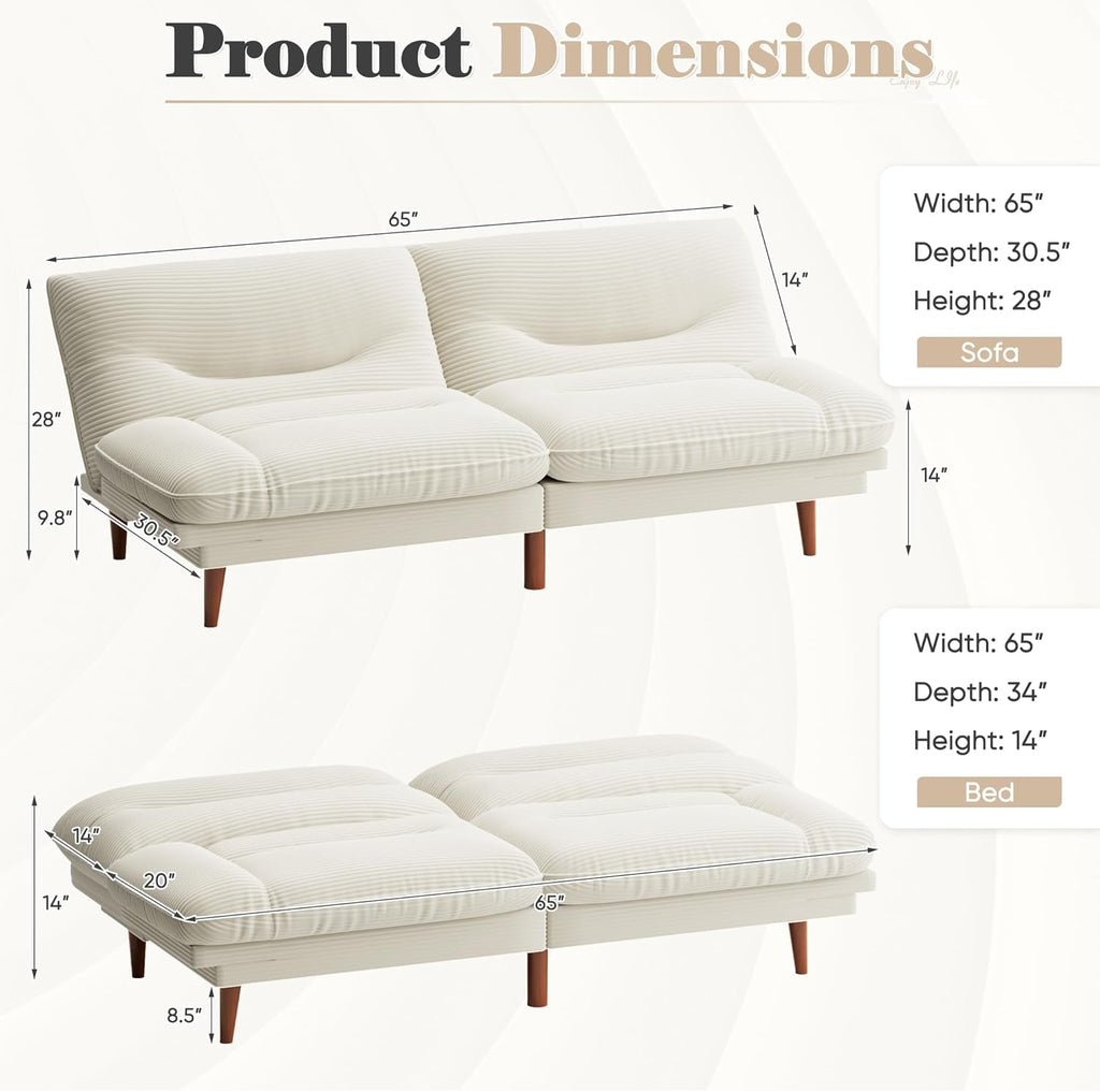 Homall Futon Sofa Bed, Modern Loveseat Futon Couch with Adjustable Backrest and Armrests, Sleeper Sofa Bed with Wood Frame for Living Room, Office, Apartment (Corduroy, White)