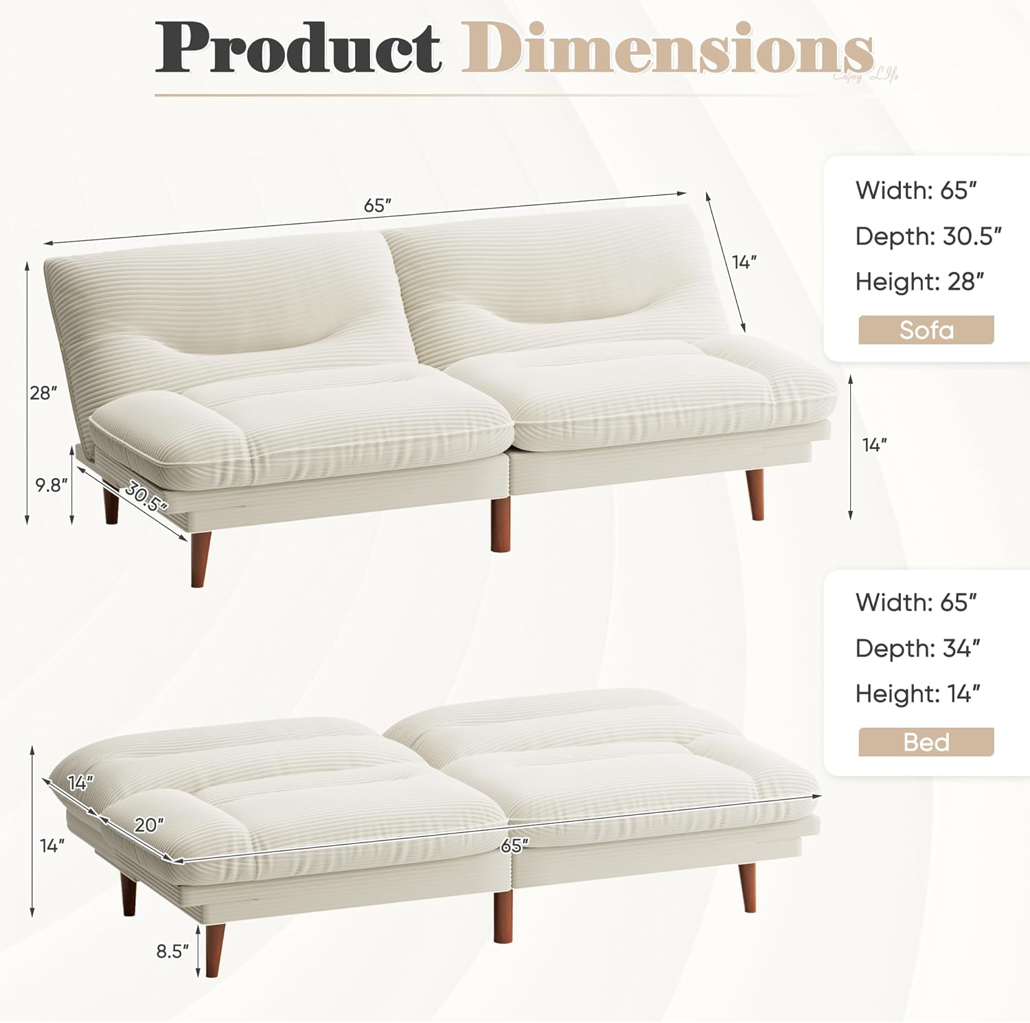 Homall Futon Sofa Bed, Modern Loveseat Futon Couch with Adjustable Backrest and Armrests, Sleeper Sofa Bed with Wood Frame for Living Room, Office, Apartment (Corduroy, White)