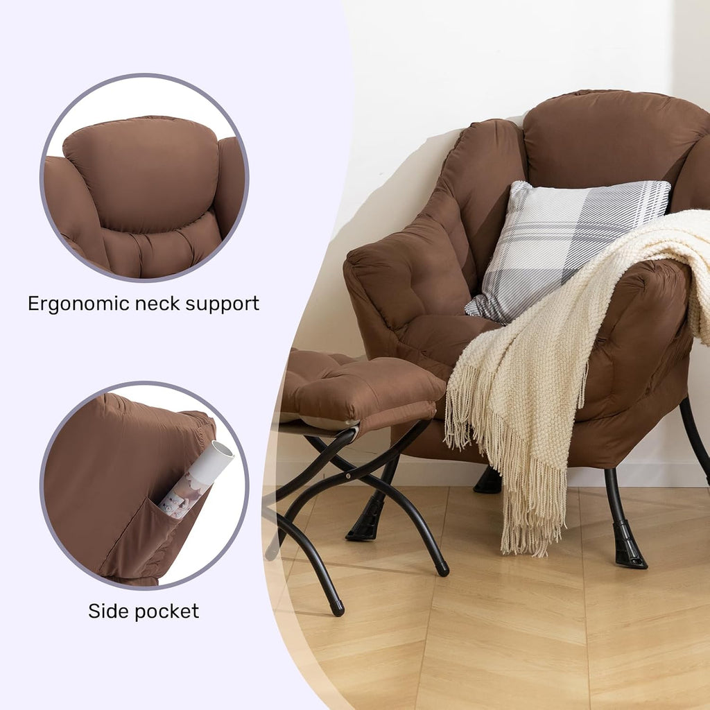 HollyHOME Lazy Chair with Foldable Ottoman, Accent Comfy Lounge Armchair and Folding Footrest Stool, Leisure Sofa Reading Chair and Footstool for Living Room, Bedroom, Dorm,Coffee Brown
