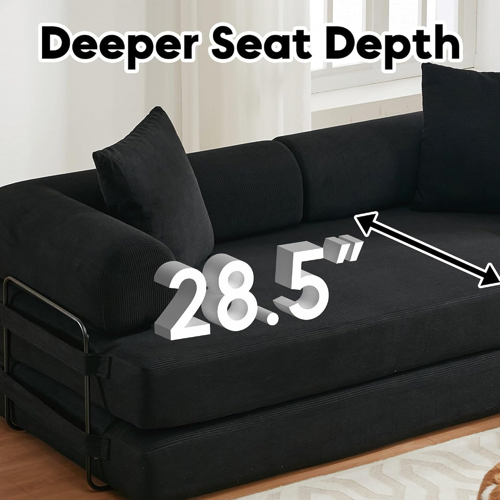 ZEIINPA Convertible Sleeper Sofa Bed with Cylindrical Pillow, Corduroy Folding Mattress Couch with Fixed-Shape Frame, Floor Sofa Lounge Couch for Living Room Bedroom Lounge Studio-Black