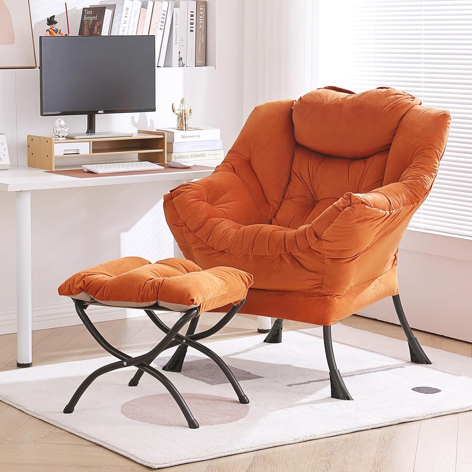 Furlide Lazy Chair with Ottoman, Modern Accent Chair with Armrests and a Side Pocket, Velvet Orange Accent Chairs, Reading Chairs, Oversized Armchairs for Bedroom, Study, Living Room, Courtyard