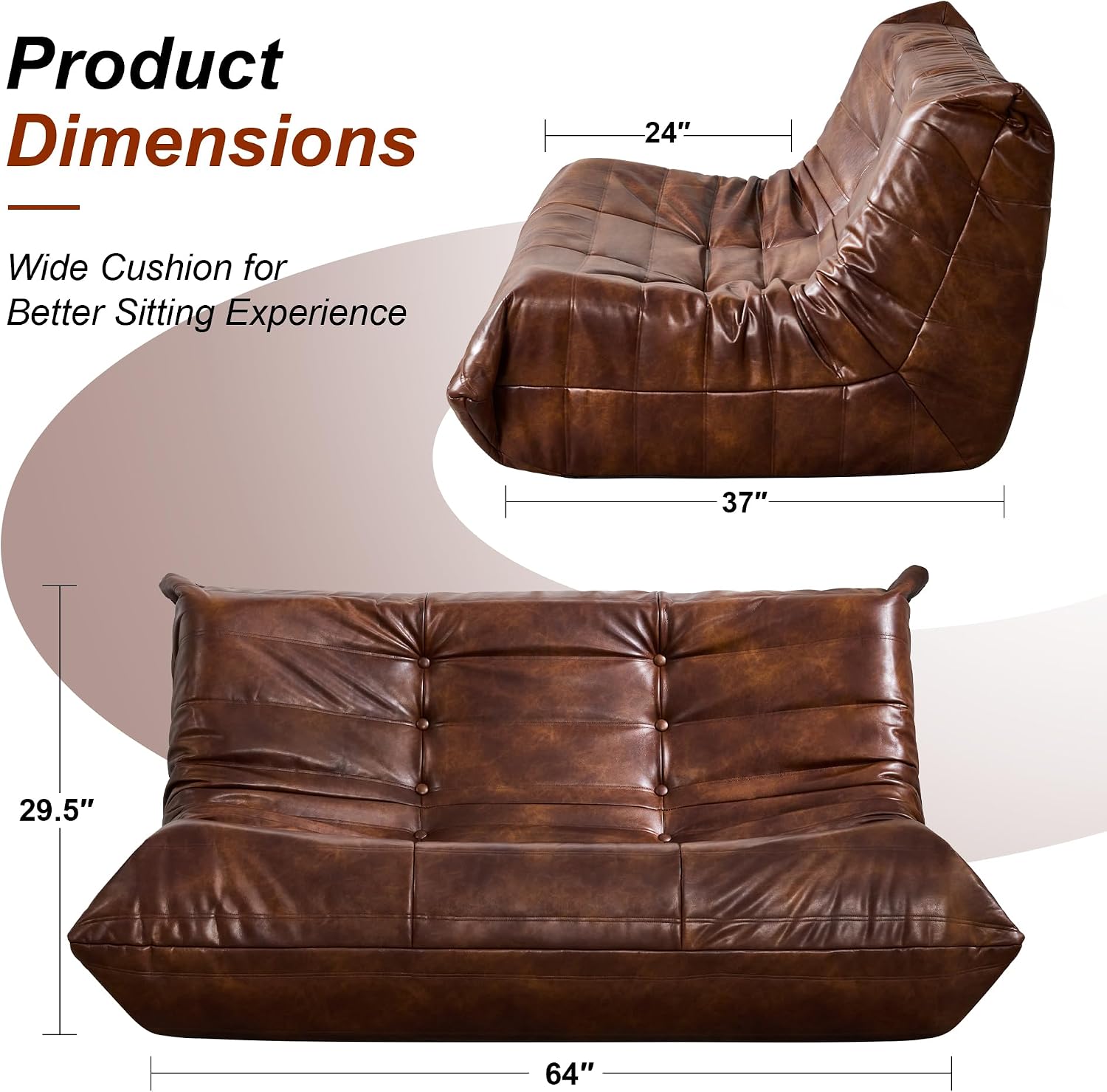 Hobestluk Bean Bag Chair Giant Bean Bag Sofa 2 Seater Bean Bag Chairs for Adults, Loveseat Floor Chair, Leather Bean Bag Chairs for Living Room Bedroom Dorm (Brown, Loveseat)