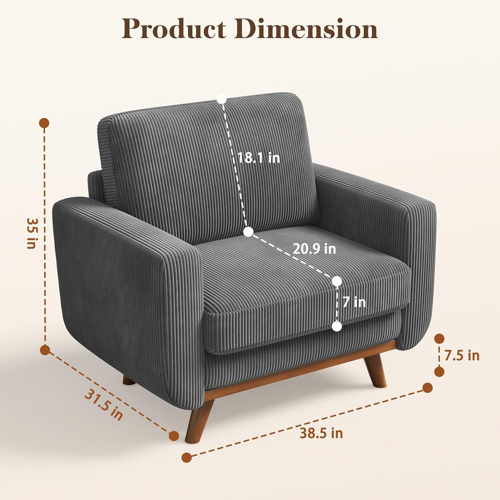 Vesgantti 38.5' Accent Chair Dark Gray, Comfy Corduroy Single Sofa Seat with Spring Cushion, Upholstered Armchair with Deep Seat, Reading Chair for Adults, Modern Sofa for Living Room, Bedroom