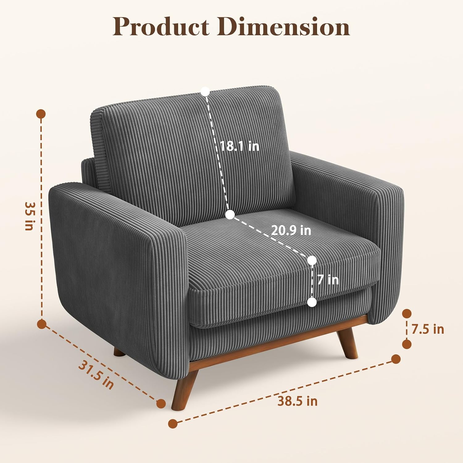 Vesgantti 38.5' Accent Chair Dark Gray, Comfy Corduroy Single Sofa Seat with Spring Cushion, Upholstered Armchair with Deep Seat, Reading Chair for Adults, Modern Sofa for Living Room, Bedroom