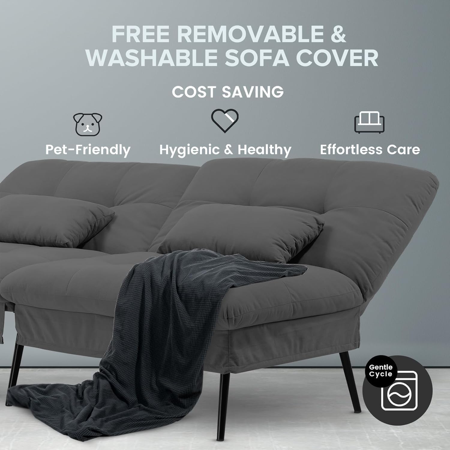 COMHOMA Convertible Sofa Bed,72″Fabric Couch with Adjustable Backrest,Loveseat Recliner Sleeper Living Room Furniture futon Set (Black)