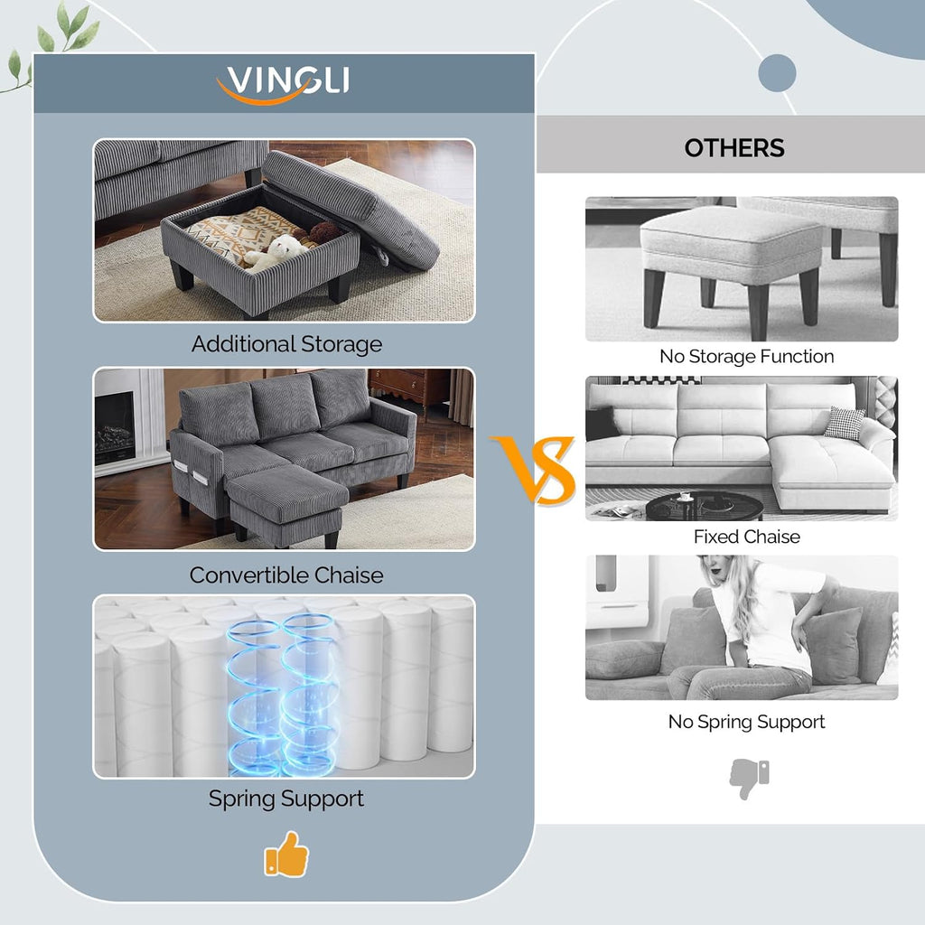 VINGLI 68.5' L Shaped Couch with Movable Storage Ottoman, Convertible Sectional Sofa in Soft Corduroy Fabric, Modern Reversible Chaise Couch for Small Spaces, Apartment, Living Room，Grey
