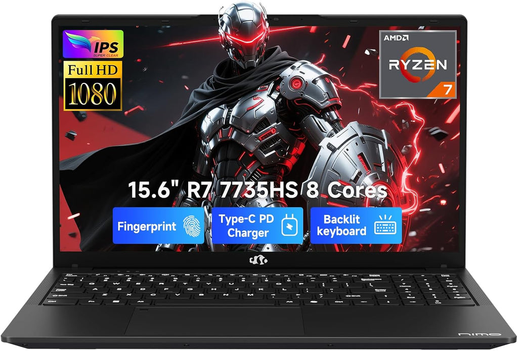 NIMO 15.6' IPS FHD-Gaming-Laptop, AMD 8 Cores Ryzen 7 7735HS 16GB DDR5 RAM 512GB SSD (Beats i7-12650H) Computer with Radeon 680M 100W Type-C Charger Backlit Keyboard Fingerprint, for Gaming Business