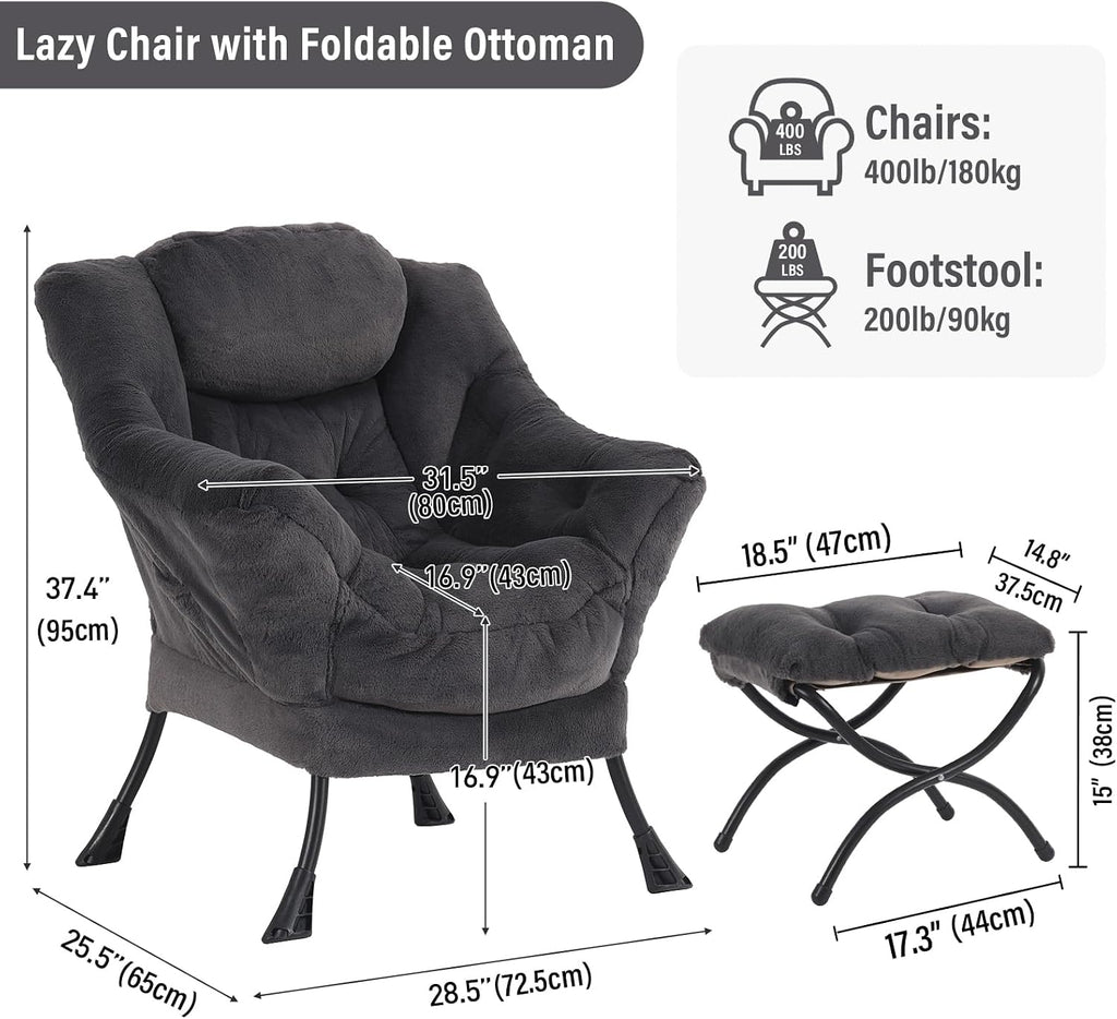 Furlide Lazy Chair with Ottoman, Modern Accent Chair with Armrests and a Side Pocket, Plush Navy Accent Chairs, Reading Chairs, Oversized Armchairs for Bedroom, Study, Living Room, Courtyard
