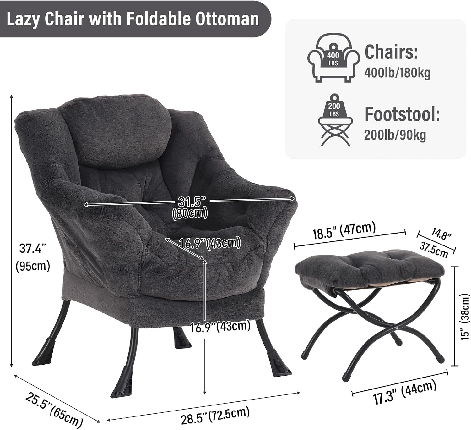 Furlide Lazy Chair with Ottoman, Modern Accent Chair with Armrests and a Side Pocket, Plush Navy Accent Chairs, Reading Chairs, Oversized Armchairs for Bedroom, Study, Living Room, Courtyard