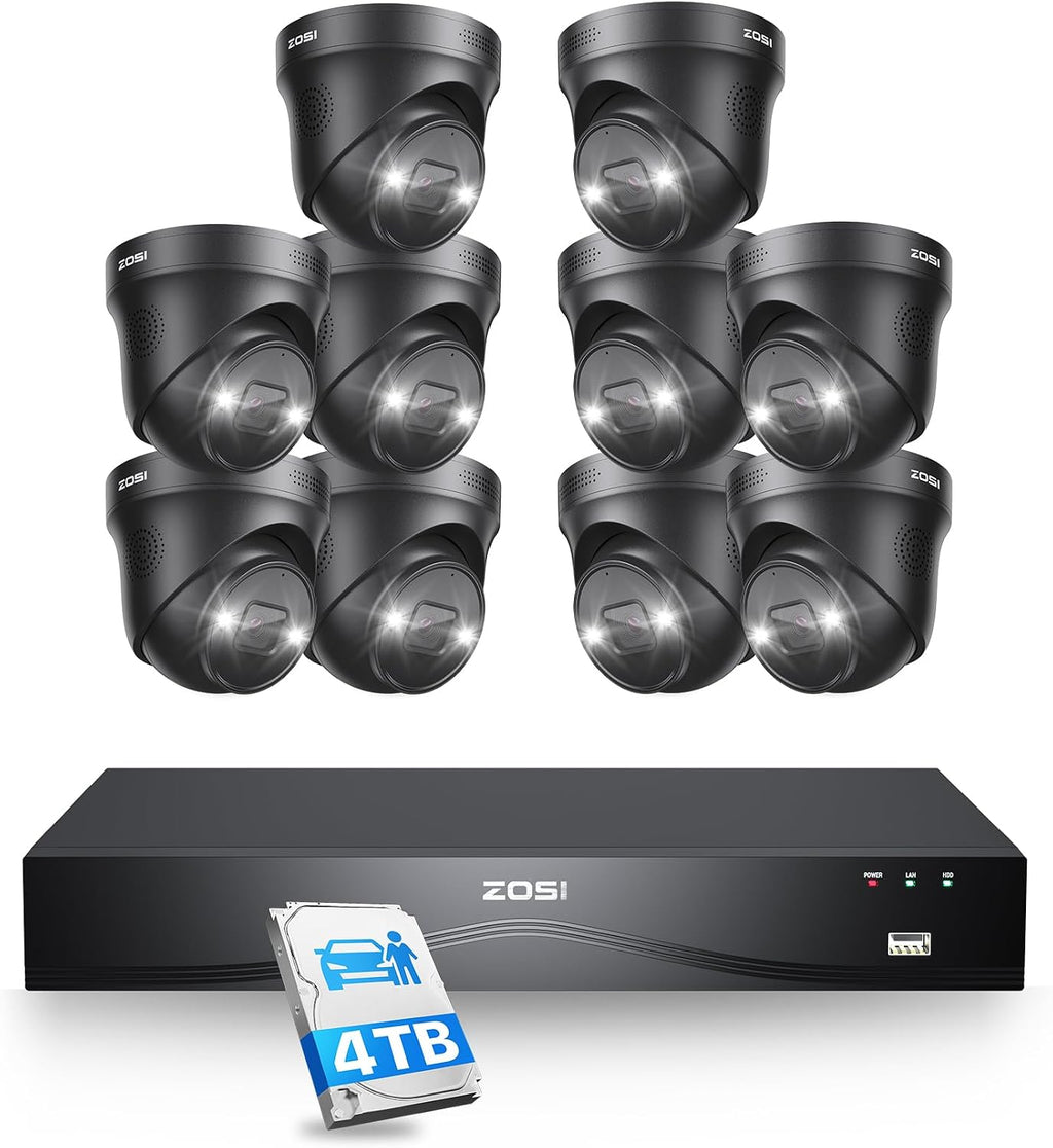 ZOSI 24CH 4K PoE Security Camera System with 4TB HDD,10pcs 4K Outdoor PoE Cameras,Face Person Vehicle Detection,2 Way Audio,Spotlight Siren,Night Vision,24CH 8MP Dual Disk NVR for 24/7 Recording