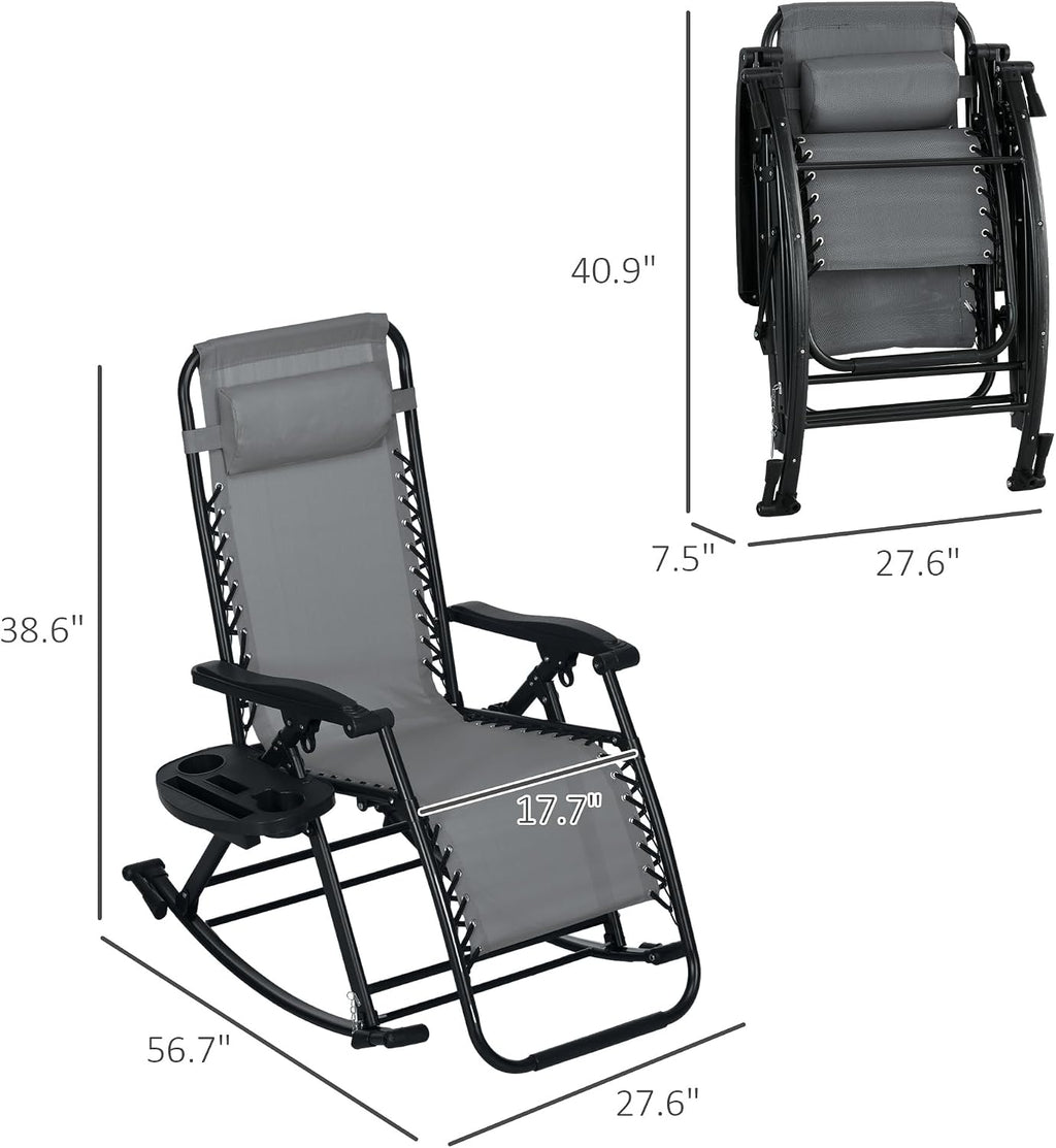 Outsunny Set of 2 Outdoor Rocking Chairs, Foldable Reclining Zero Gravity Lounge Rocker with Pillow, Cup & Phone Holder, Combo Design with Folding Legs, Gray