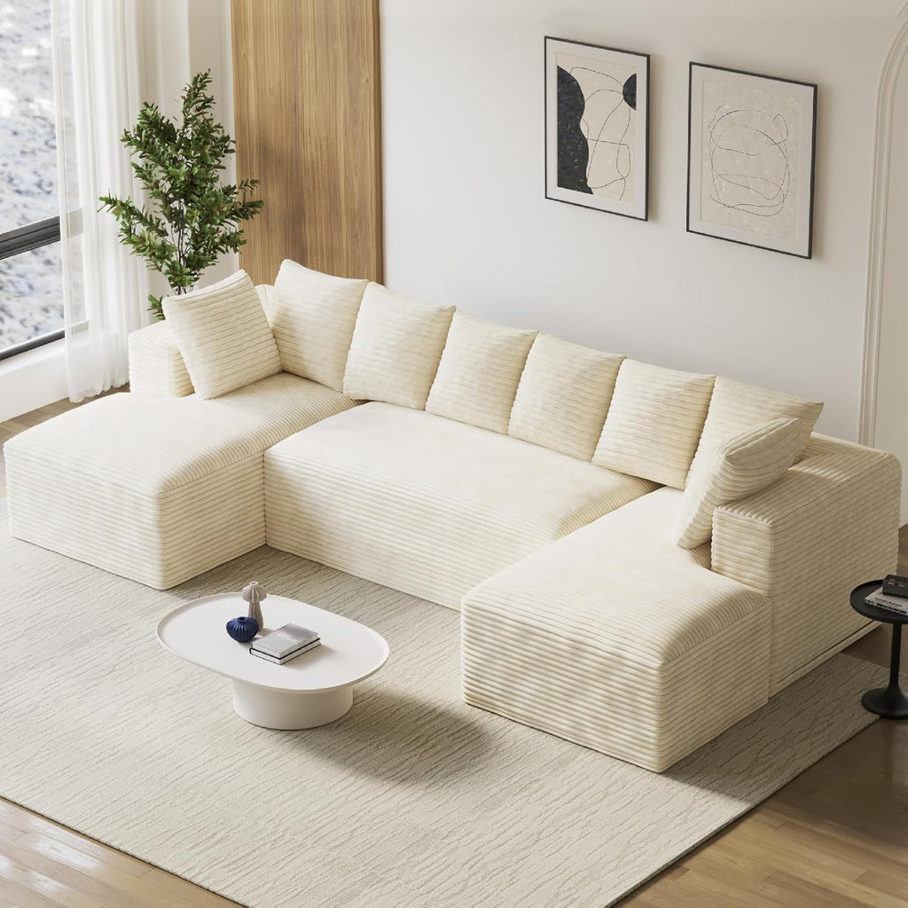131' Oversized U Shaped Cloud Sectional Couches for Living Room, Comfy Fluffy Corduroy Beige Boneless Sectionals Couch, Plush Memory Foam Modular Sectional Sofa with Chaise- 19' Seat Height