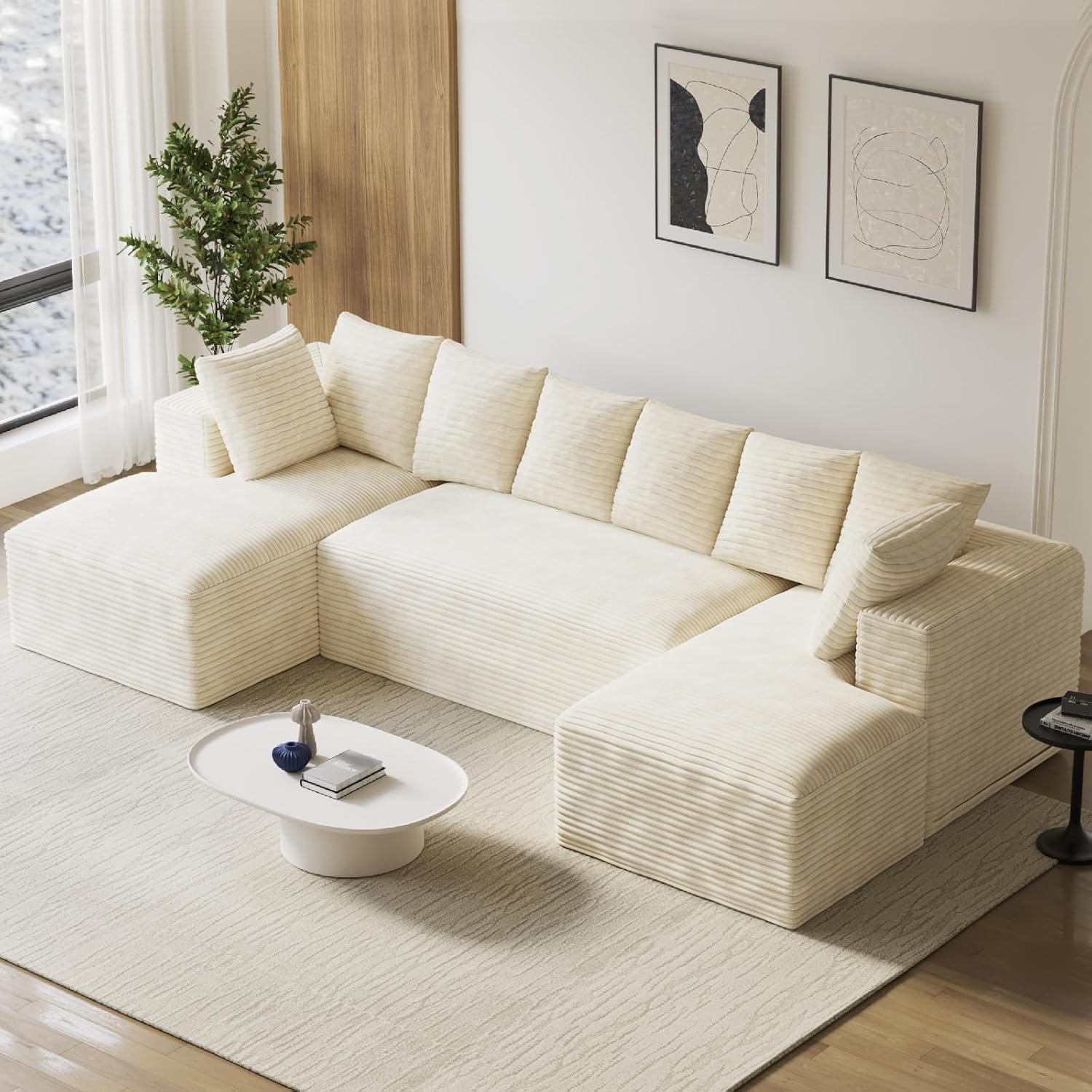 131' Oversized U Shaped Cloud Sectional Couches for Living Room, Comfy Fluffy Corduroy Beige Boneless Sectionals Couch, Plush Memory Foam Modular Sectional Sofa with Chaise- 19' Seat Height