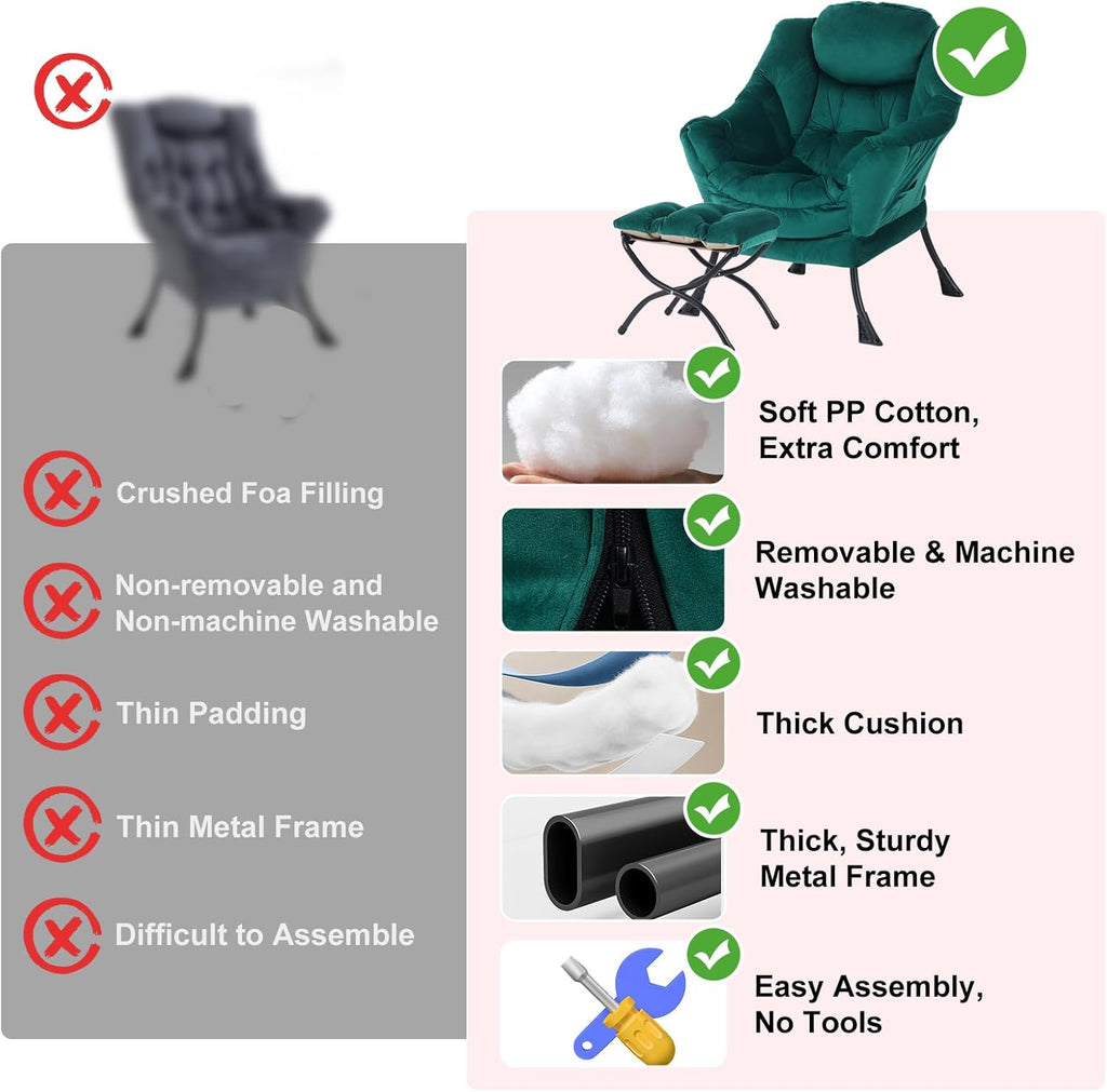 Furlide Lazy Chair with Ottoman, Modern Accent Chairs with Folding Footrest, Velvet Dark Green Sofa Chair Set, Reading Chairs, Oversized Armchairs for Bedroom, Study, Living Room, Courtyard