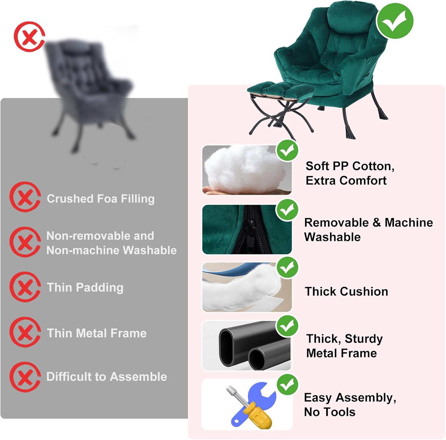 Furlide Lazy Chair with Ottoman, Modern Accent Chairs with Folding Footrest, Velvet Dark Green Sofa Chair Set, Reading Chairs, Oversized Armchairs for Bedroom, Study, Living Room, Courtyard