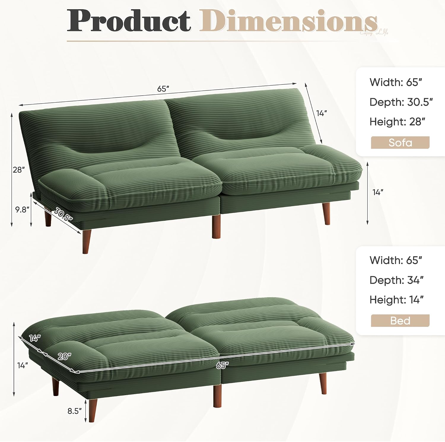 Homall Futon Sofa Bed, Modern Loveseat Futon Couch with Adjustable Backrest and Armrests, Sleeper Sofa Bed with Wood Frame for Living Room, Office, Apartment (Corduroy, Green)