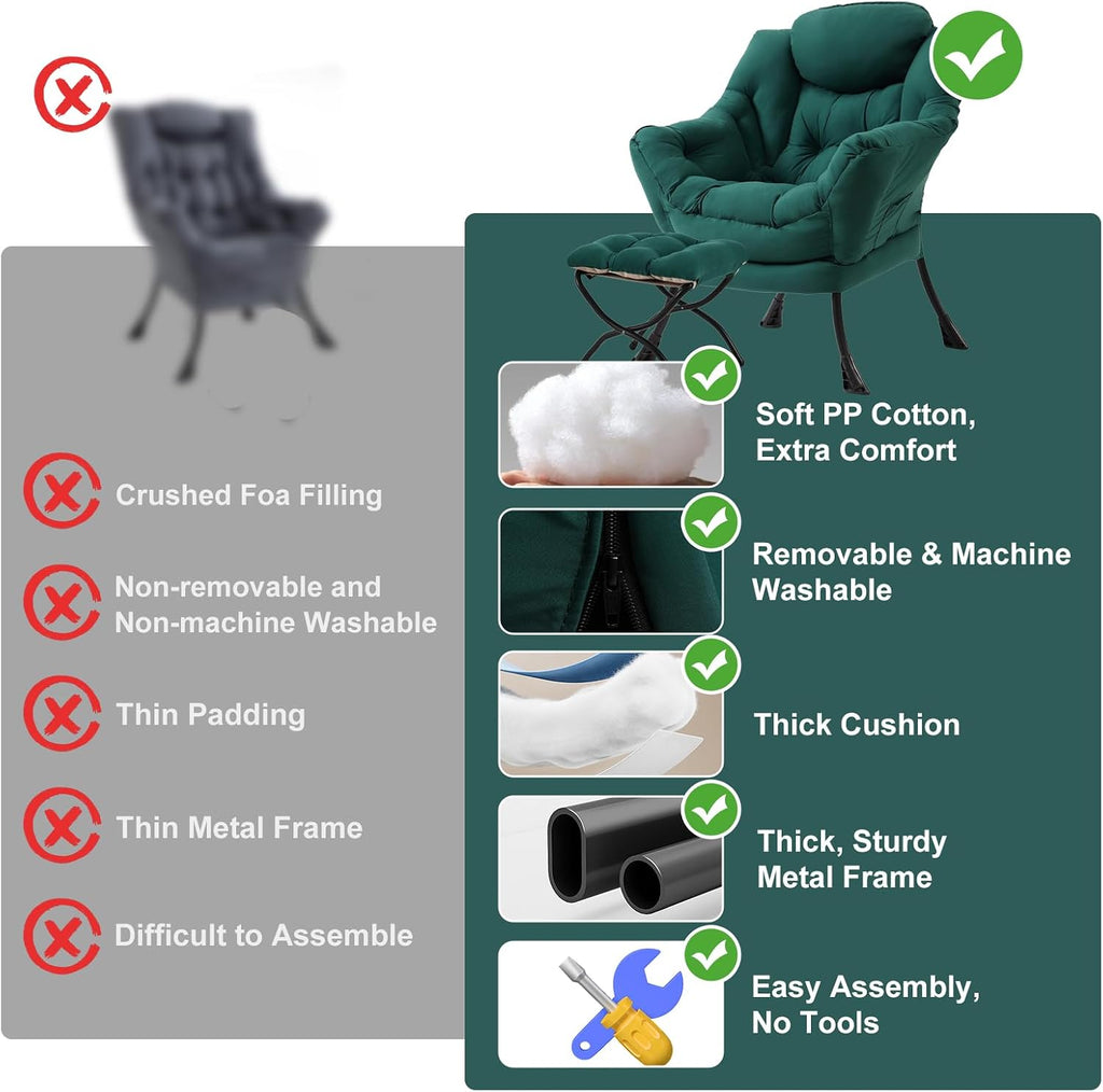 Furlide Lazy Chair with Ottoman, Modern Accent Chair with Armrests and a Side Pocket, Dark Green Accent Chairs, Reading Chairs, Oversized Armchairs for Bedroom, Study, Living Room, Courtyard