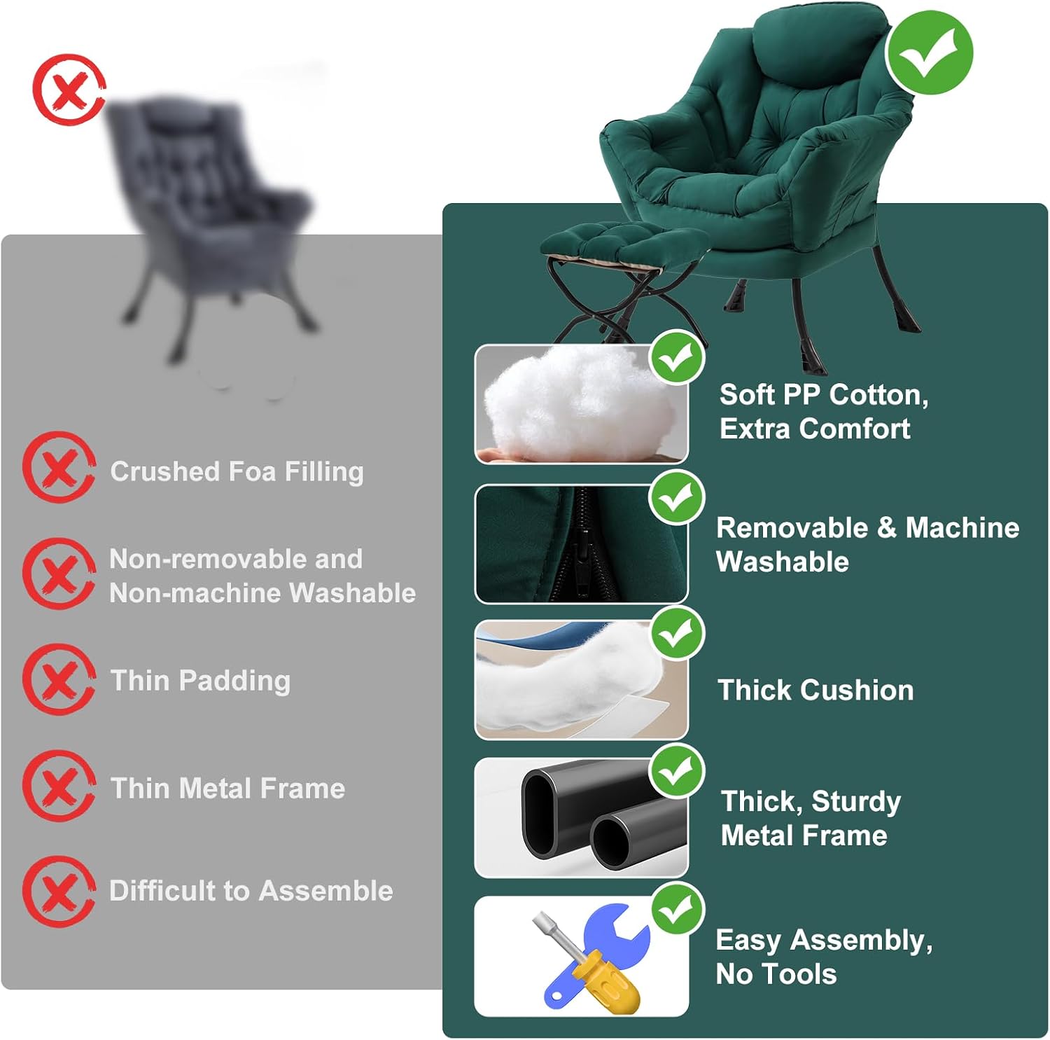 Furlide Lazy Chair with Ottoman, Modern Accent Chair with Armrests and a Side Pocket, Dark Green Accent Chairs, Reading Chairs, Oversized Armchairs for Bedroom, Study, Living Room, Courtyard