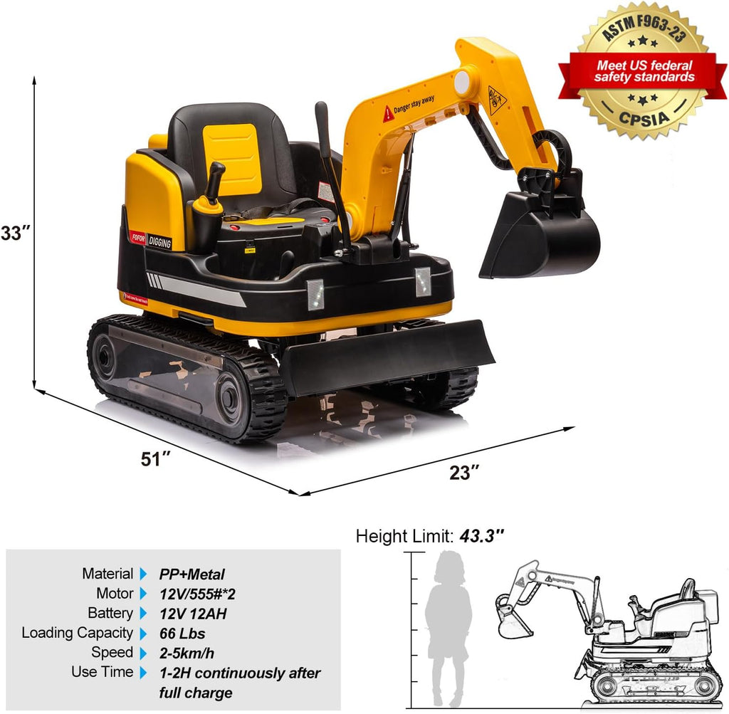 JOYLDIAS 360 Degree Rotating Ride On Excavator and Bulldozer,12V12AH Battery Powered Ride On Toy Backhoe W/Track Design Wheels for All Terrain,Remote Control,MP3,Toolbox for Kids,Parent,Yellow