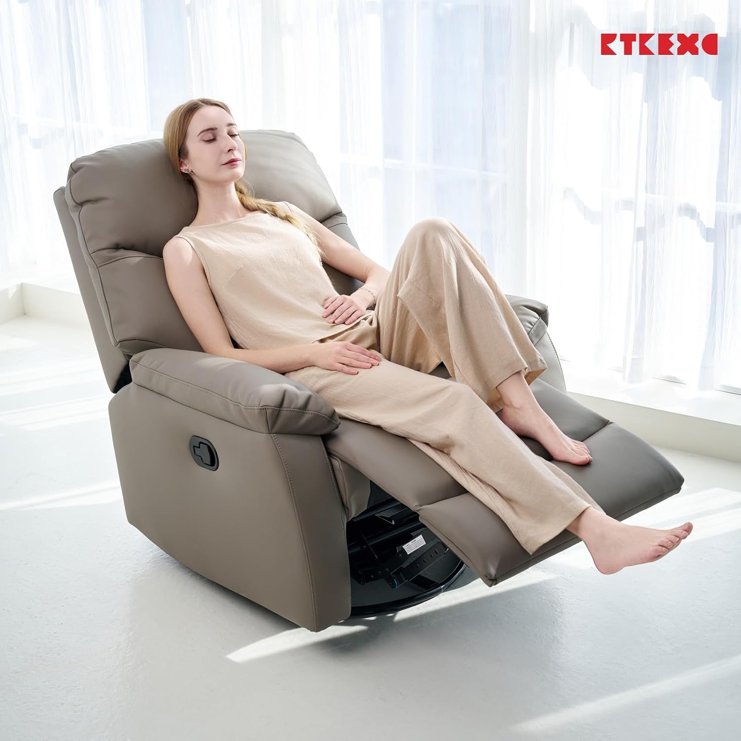 Recliner Sofa Rocking Chair Swivel Manual Adjustable 360 Degree Spinning with Ergonomics Lumbar Support Natural Leather for Home Theater Seating Living Room, Bedroom, Nursery, Grey