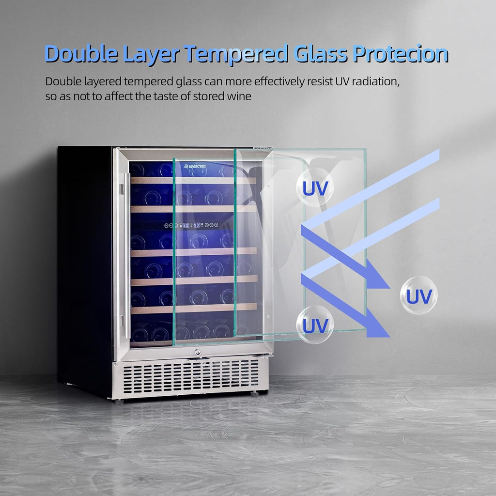 magictec Wine Fridge Under Counter 24 inch,46 Bottles,Dual Zone Wine cooler refrigerators Free Standing, Built-In Wine Fridge with Lock,Stainless Steel Handle,For Home Office Bar