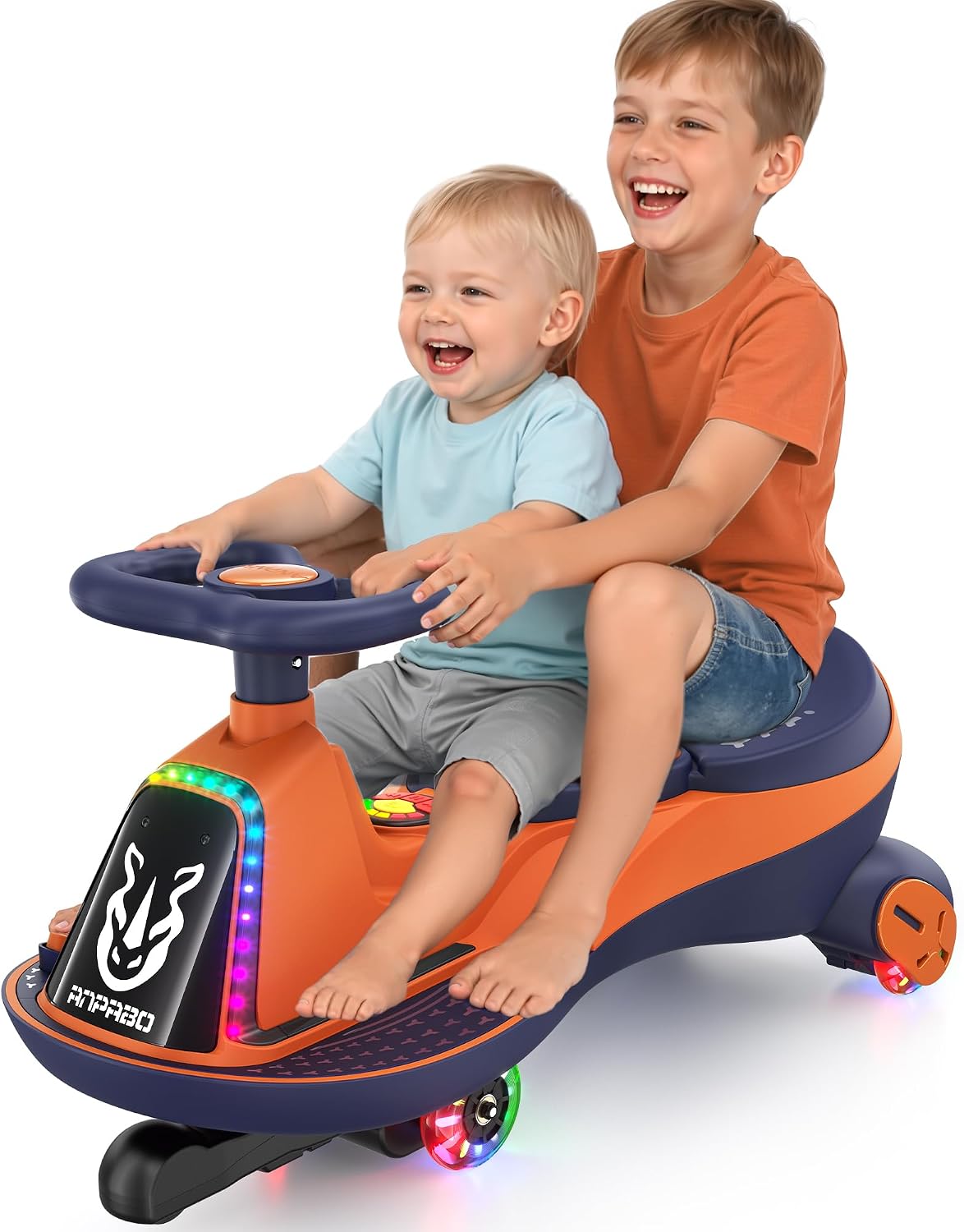 ANPABO 12V Electric Wiggle Car with Pedals, 2 Seater, 2x75W Motor, Music & Bluetooth, Ride On Toy for Kids Ages 3+, 170 Lbs, Orange