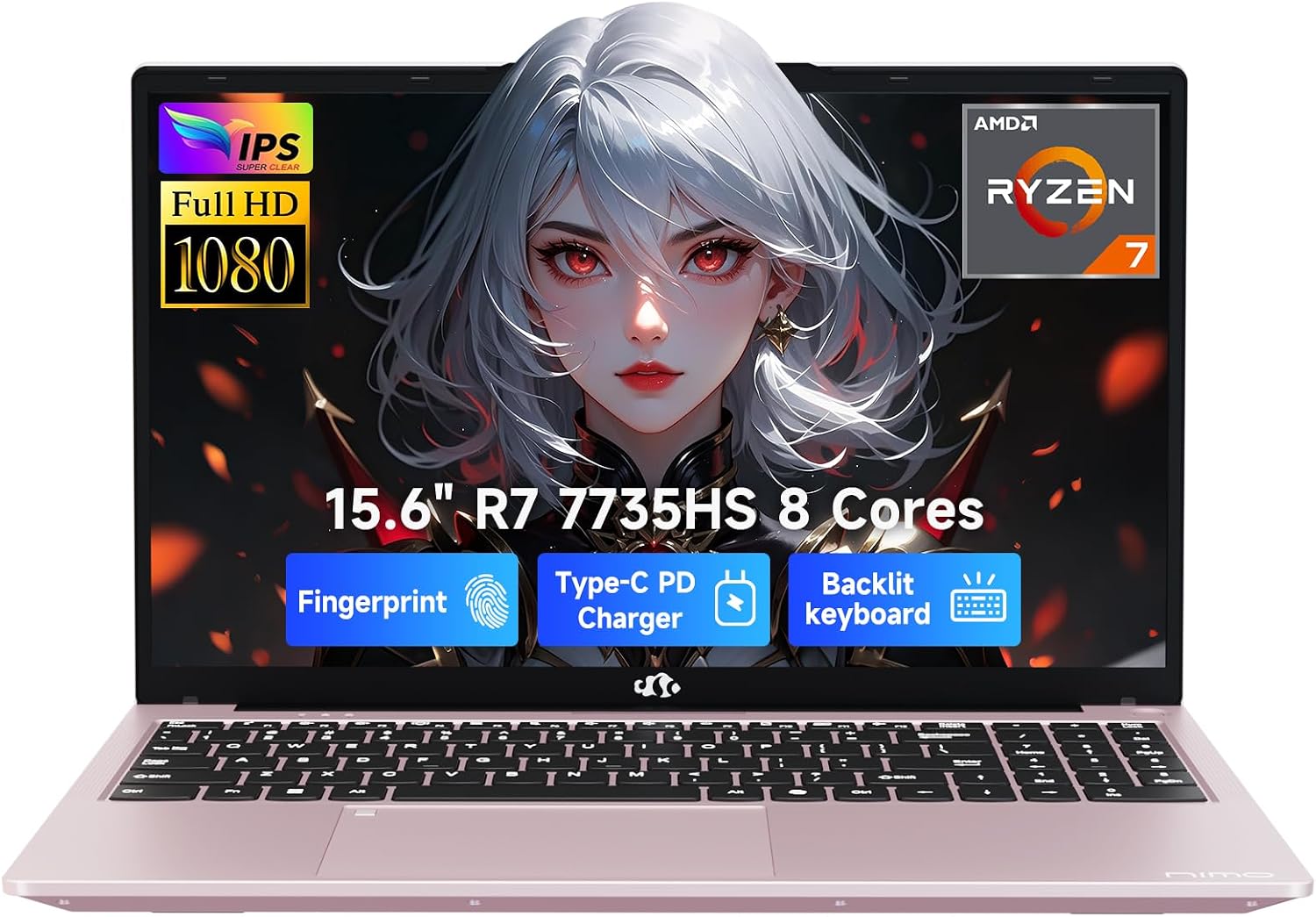 NIMO 15.6' IPS FHD Gaming-Laptop, AMD Ryzen 7 7735HS 16GB DDR5 RAM 512GB SSD (8C/16T, Up to 4.75GHz) Business-Computer with Radeon 680M Graphics 100W Type-C Backlit Keyboard Fingerprint