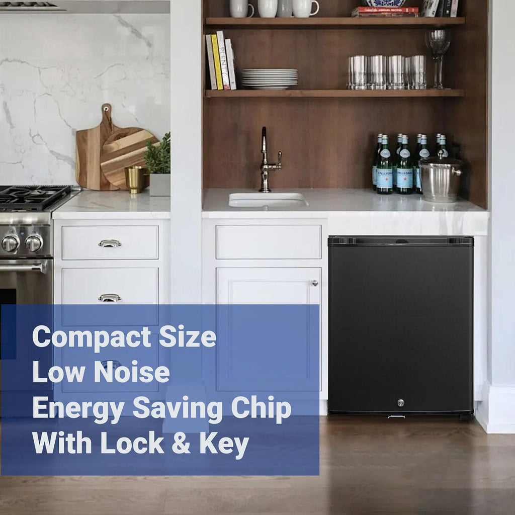 12V/110V Mini Fridge with Lock, AC/DC Compact Refrigerator, Reversible Door, Quiet Absorption Refrigerator for RV Camper, Caravan, Boat,1.4 Cu.Ft, Light, Black