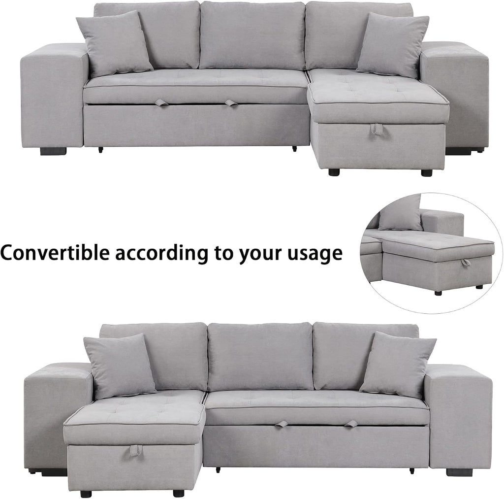 104.5 inch Reversible Sleeper Sectional Sofa with Pull Out Bed , Convertible L Shaped Sectional Couch with Storage Chaise and 2 Stools , Tufted Upholstered Pullout Sofa Bed for Living Room Apartment