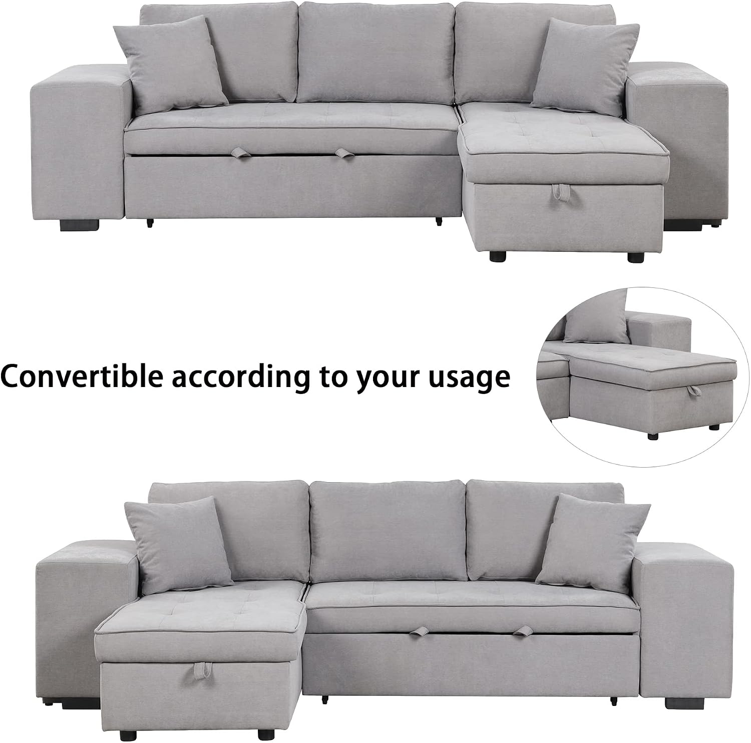 104.5 inch Reversible Sleeper Sectional Sofa with Pull Out Bed , Convertible L Shaped Sectional Couch with Storage Chaise and 2 Stools , Tufted Upholstered Pullout Sofa Bed for Living Room Apartment