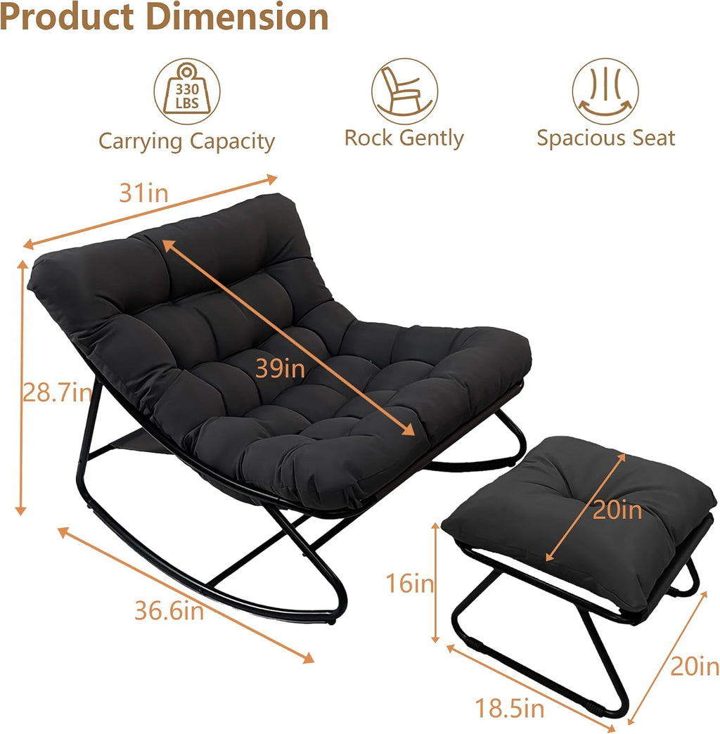 Outdoor Rocking Chair with Ottoman, Comfy Oversized Papasan Chair, Modern Upholstered Egg Gliders, 300 Lbs Wide Recliner Lounge Rocker for Bedroom, Living Room, Patio, Porch, Balcony(Black)