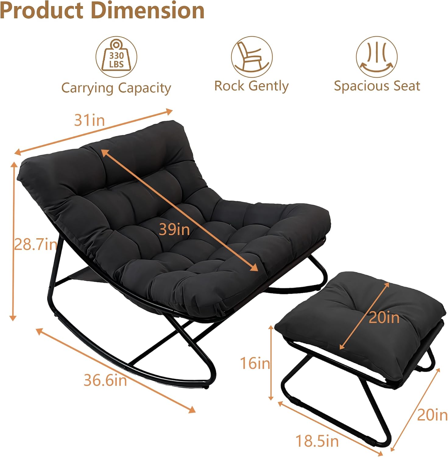 Outdoor Rocking Chair with Ottoman, Comfy Oversized Papasan Chair, Modern Upholstered Egg Gliders, 300 Lbs Wide Recliner Lounge Rocker for Bedroom, Living Room, Patio, Porch, Balcony(Black)