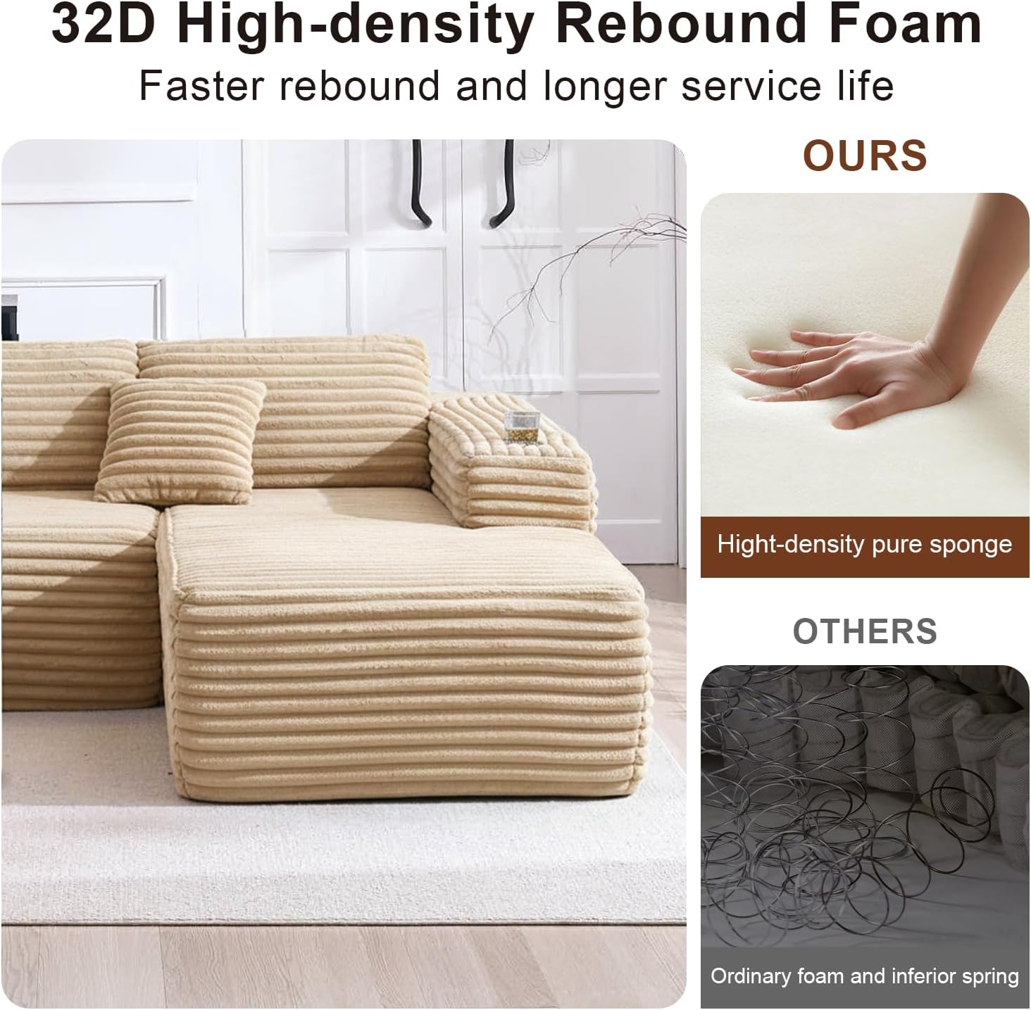 Cloud Sectional Couch with L-Shape Chaise, Modern Modular Sofa with Deep Seat, Built-in Cup Holder & Storage Pocket for Living Room Bedroom, No Assembly Required (Camel, Right Facing Chaise)